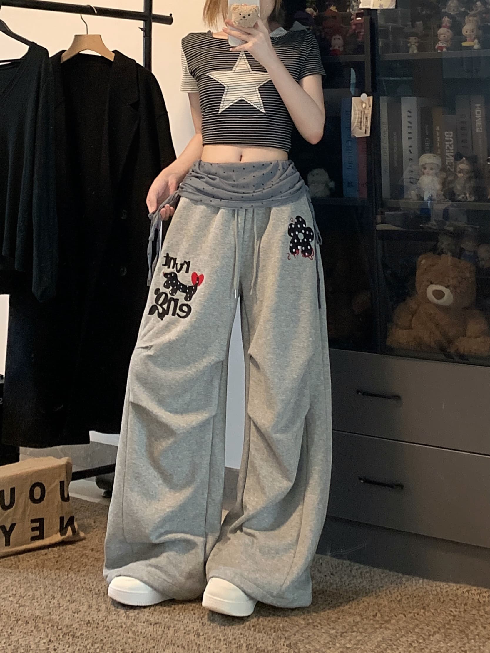 실사 아메리칸 캐주얼 달마 시안 망사 패치워크 캐주얼 와이드 레깅스 바지 주름 루즈핏 낙하산 모통이 칼 바지 상세 이미지 8
