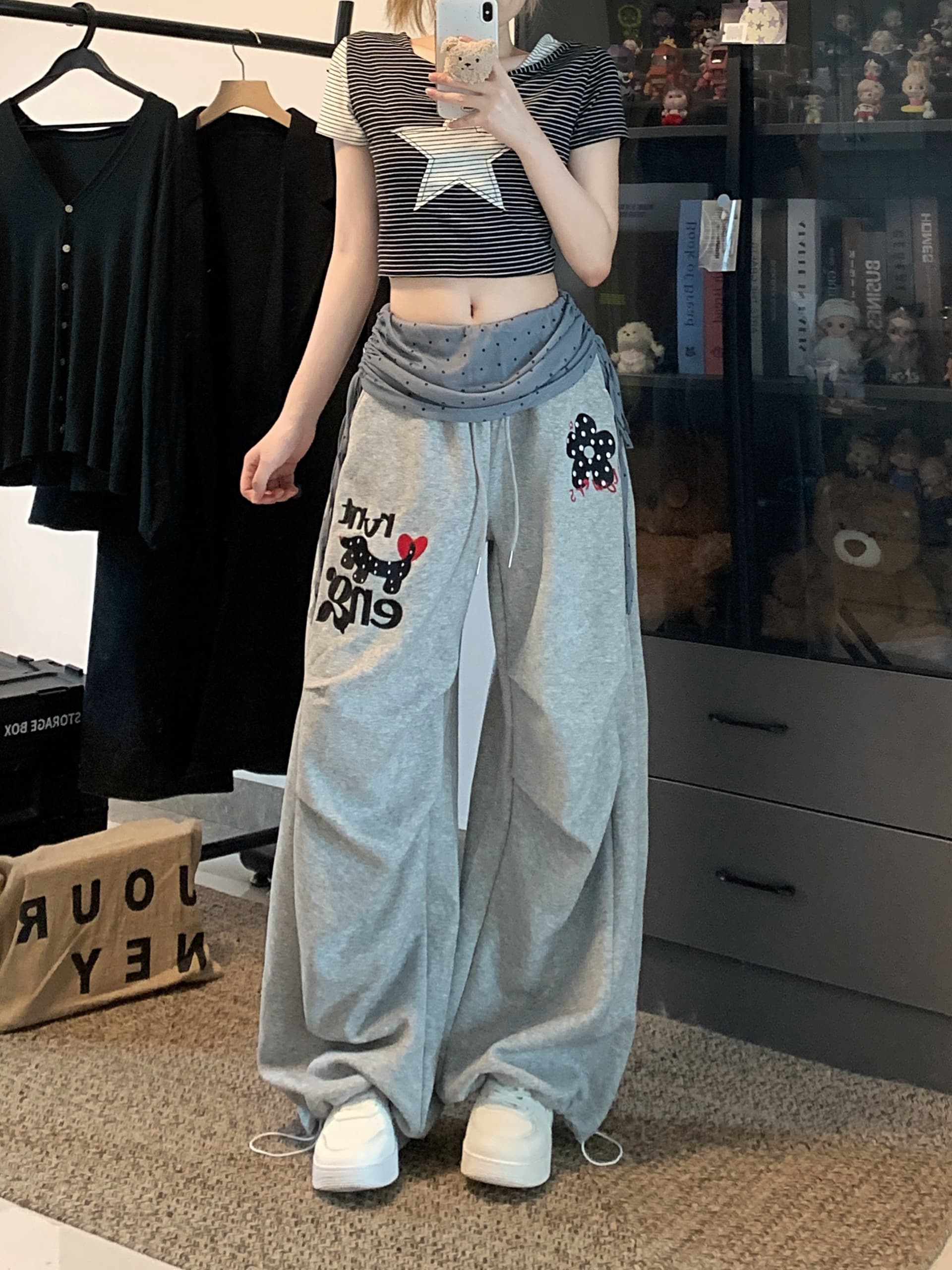 실사 아메리칸 캐주얼 달마 시안 망사 패치워크 캐주얼 와이드 레깅스 바지 주름 루즈핏 낙하산 모통이 칼 바지 상세 이미지 11