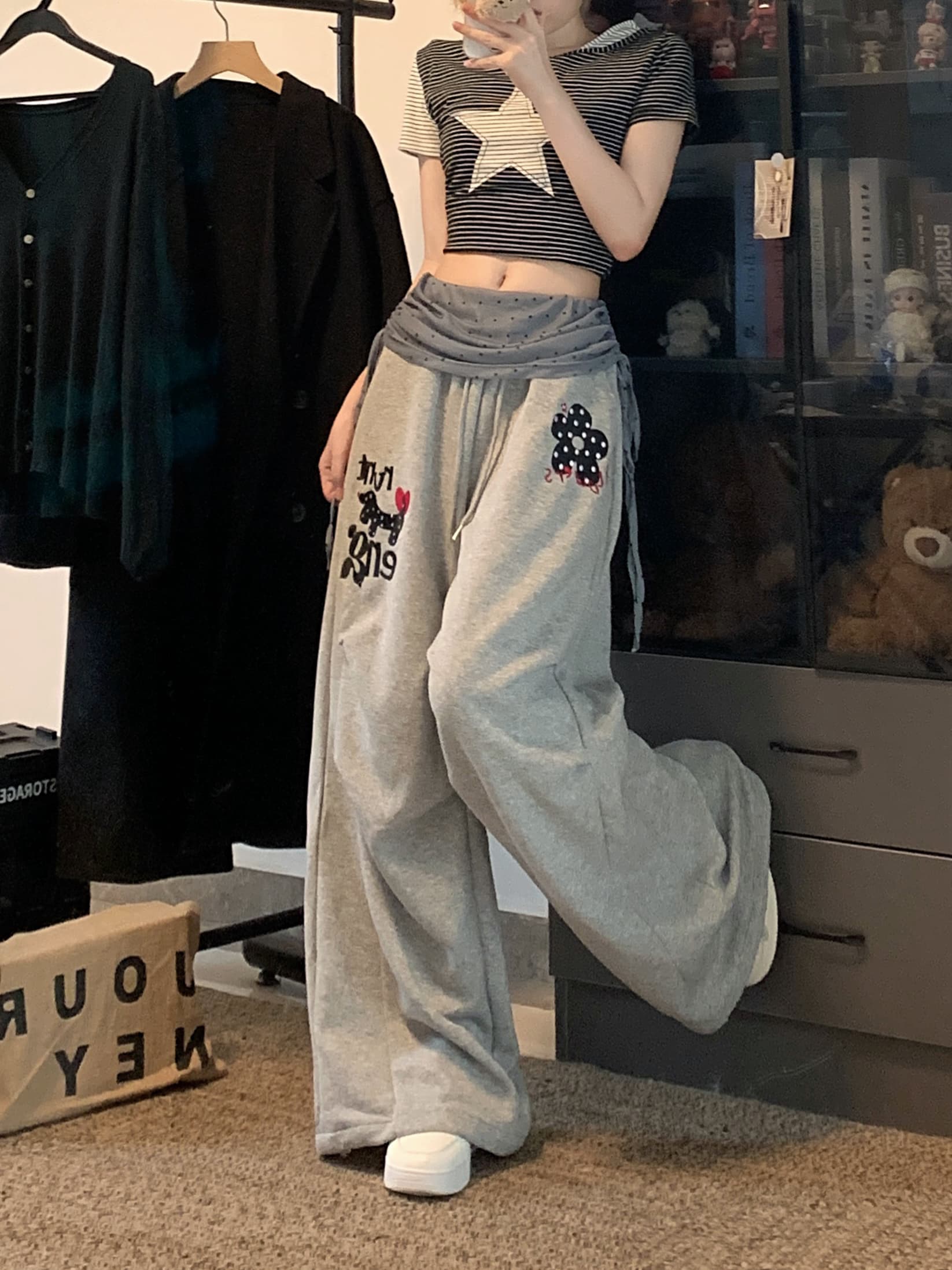 실사 아메리칸 캐주얼 달마 시안 망사 패치워크 캐주얼 와이드 레깅스 바지 주름 루즈핏 낙하산 모통이 칼 바지 상세 이미지 12
