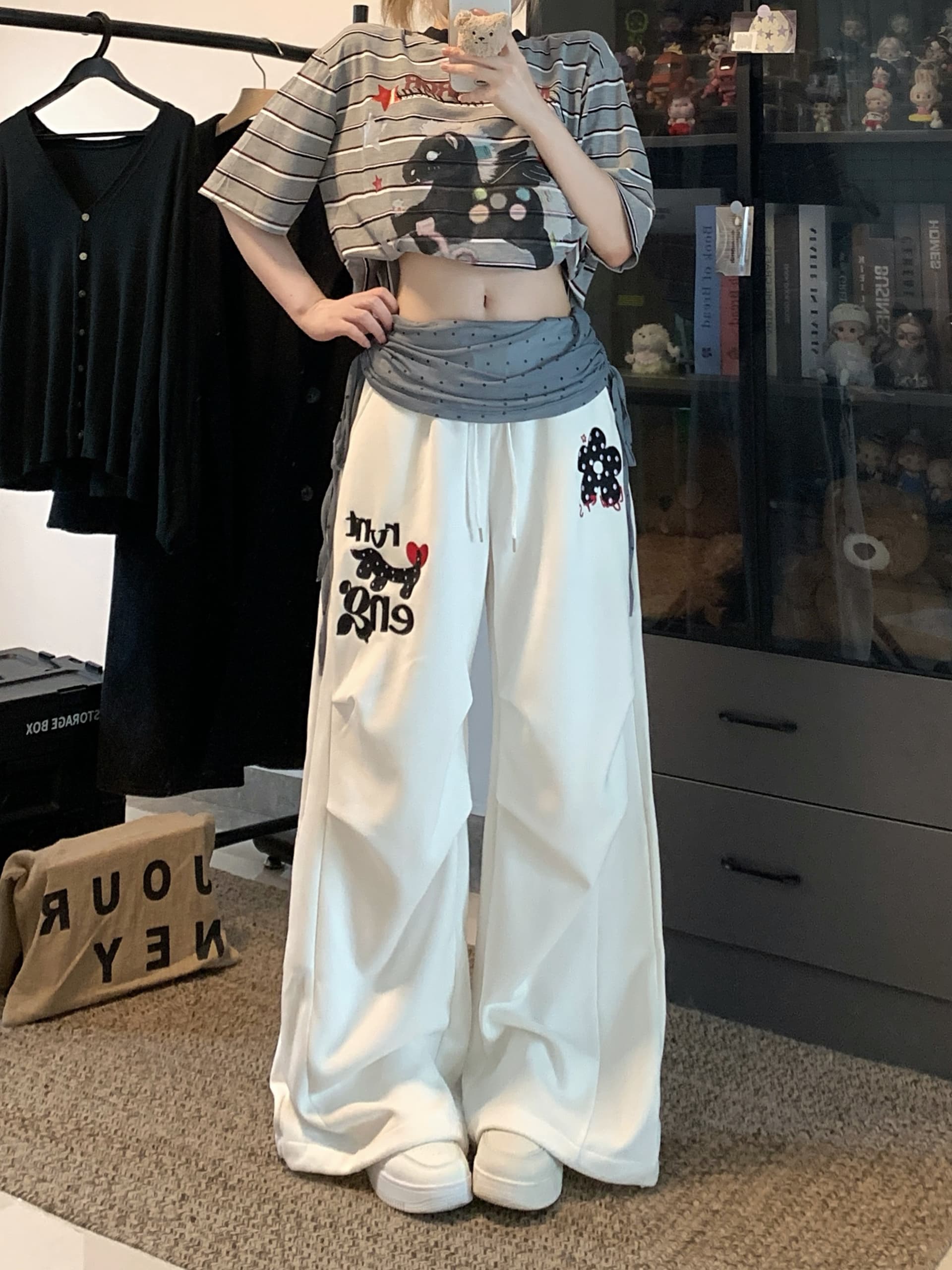 실사 아메리칸 캐주얼 달마 시안 망사 패치워크 캐주얼 와이드 레깅스 바지 주름 루즈핏 낙하산 모통이 칼 바지 상세 이미지 15