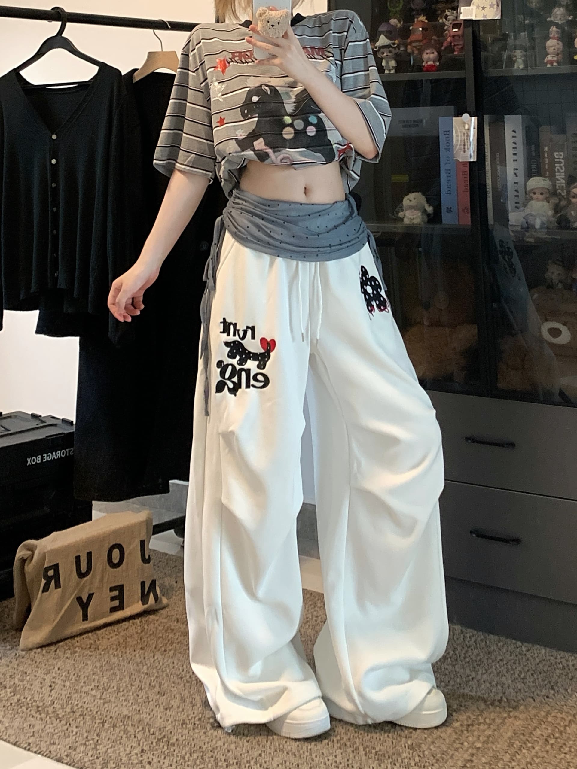 실사 아메리칸 캐주얼 달마 시안 망사 패치워크 캐주얼 와이드 레깅스 바지 주름 루즈핏 낙하산 모통이 칼 바지 상세 이미지 17