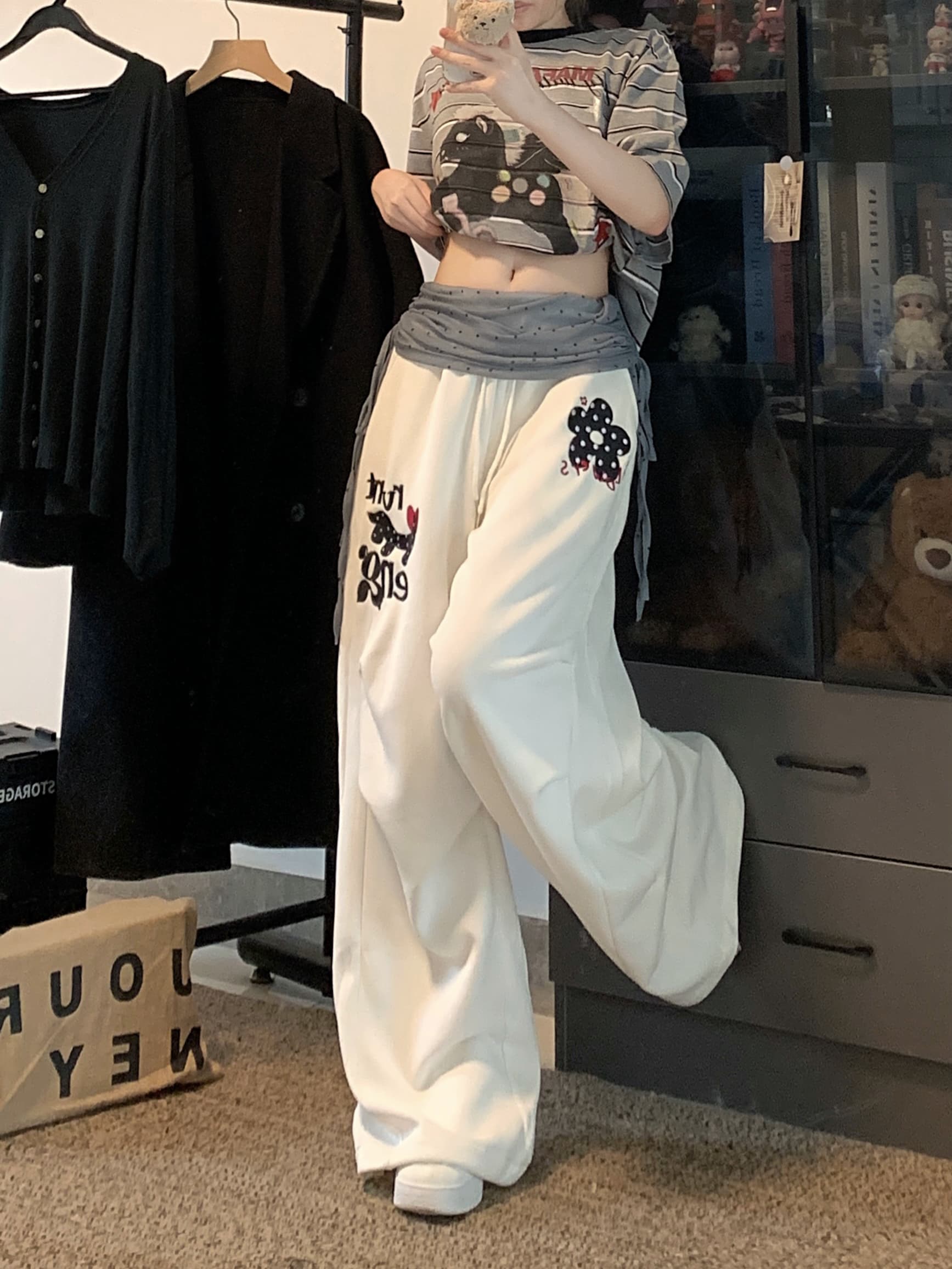 실사 아메리칸 캐주얼 달마 시안 망사 패치워크 캐주얼 와이드 레깅스 바지 주름 루즈핏 낙하산 모통이 칼 바지 상세 이미지 19
