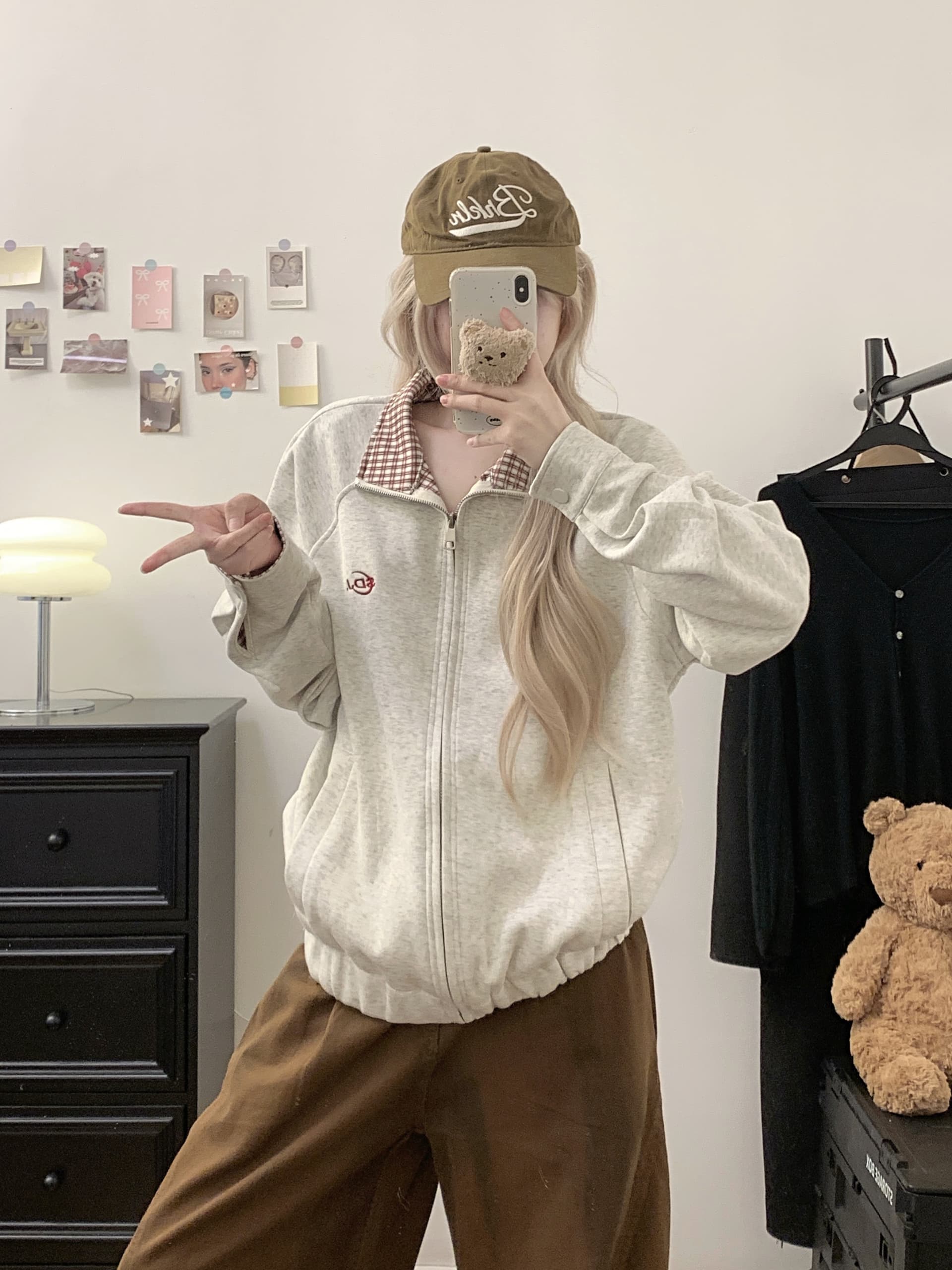 실사 아메리칸 체크무늬 POLO 칼라 배색 오픈 가디건 재킷 2026 새로운 커플 야구 유니폼 루즈핏 여성 코트 상세 이미지 1