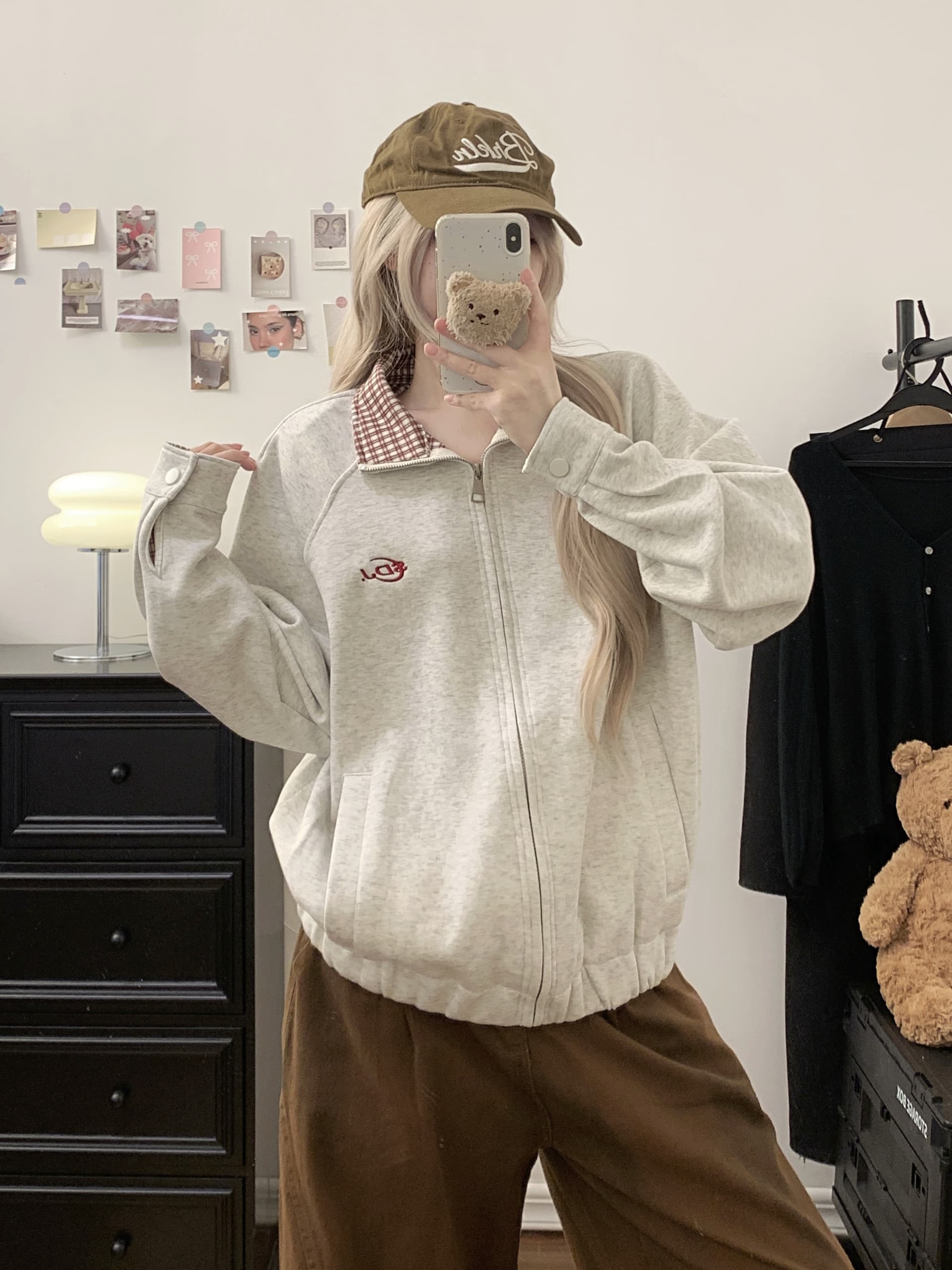 실사 아메리칸 체크무늬 POLO 칼라 배색 오픈 가디건 재킷 2026 새로운 커플 야구 유니폼 루즈핏 여성 코트 상세 이미지 6