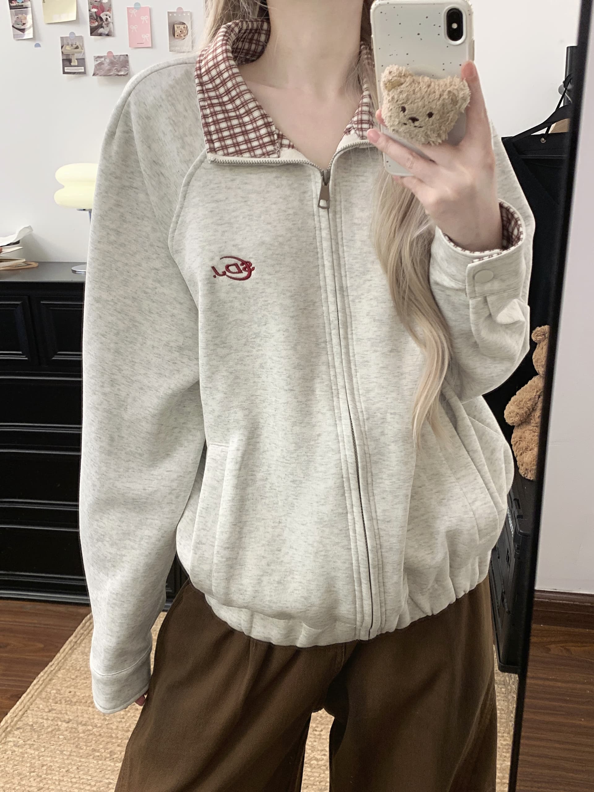 실사 아메리칸 체크무늬 POLO 칼라 배색 오픈 가디건 재킷 2026 새로운 커플 야구 유니폼 루즈핏 여성 코트 상세 이미지 7