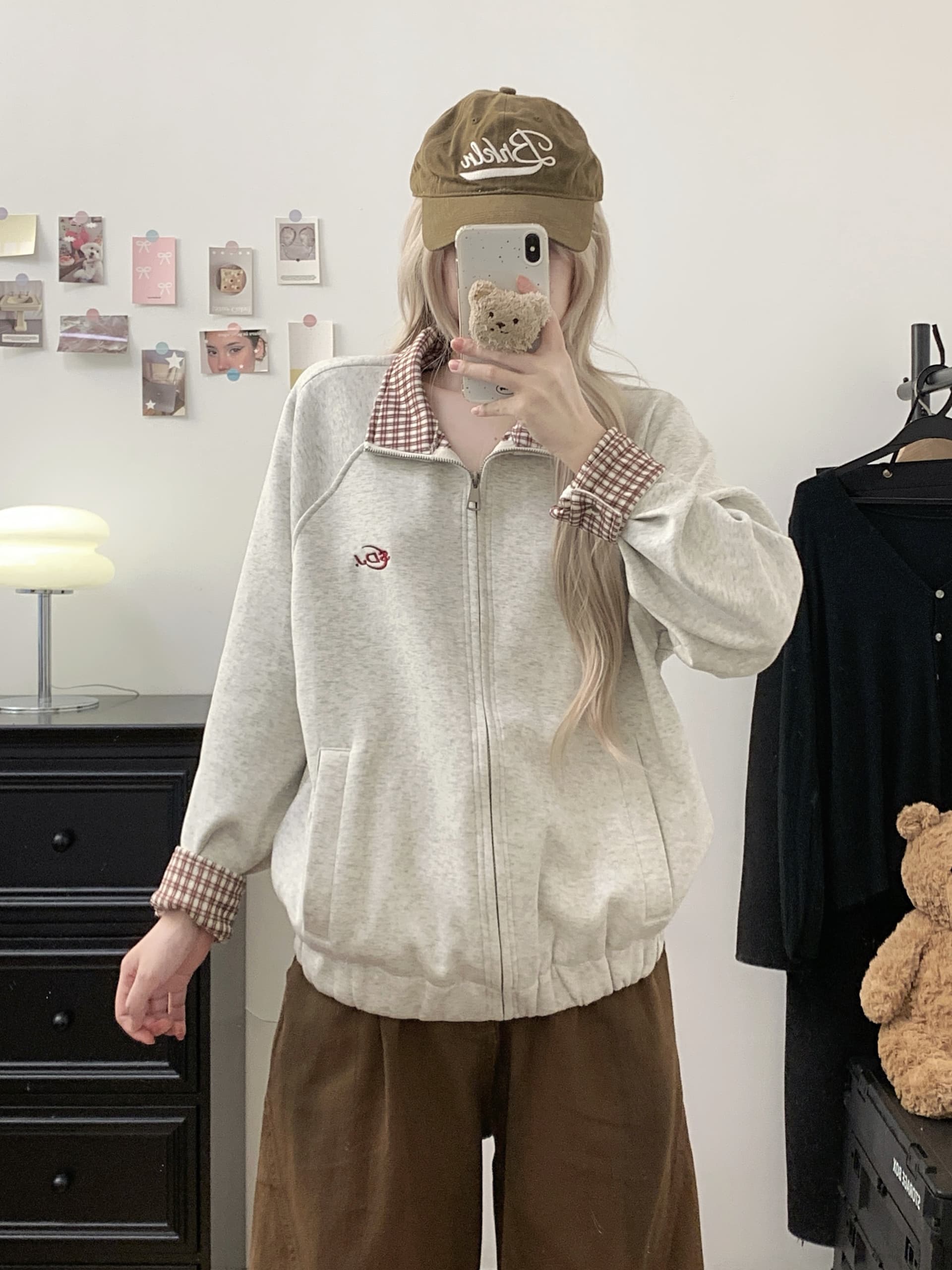 실사 아메리칸 체크무늬 POLO 칼라 배색 오픈 가디건 재킷 2026 새로운 커플 야구 유니폼 루즈핏 여성 코트 상세 이미지 11