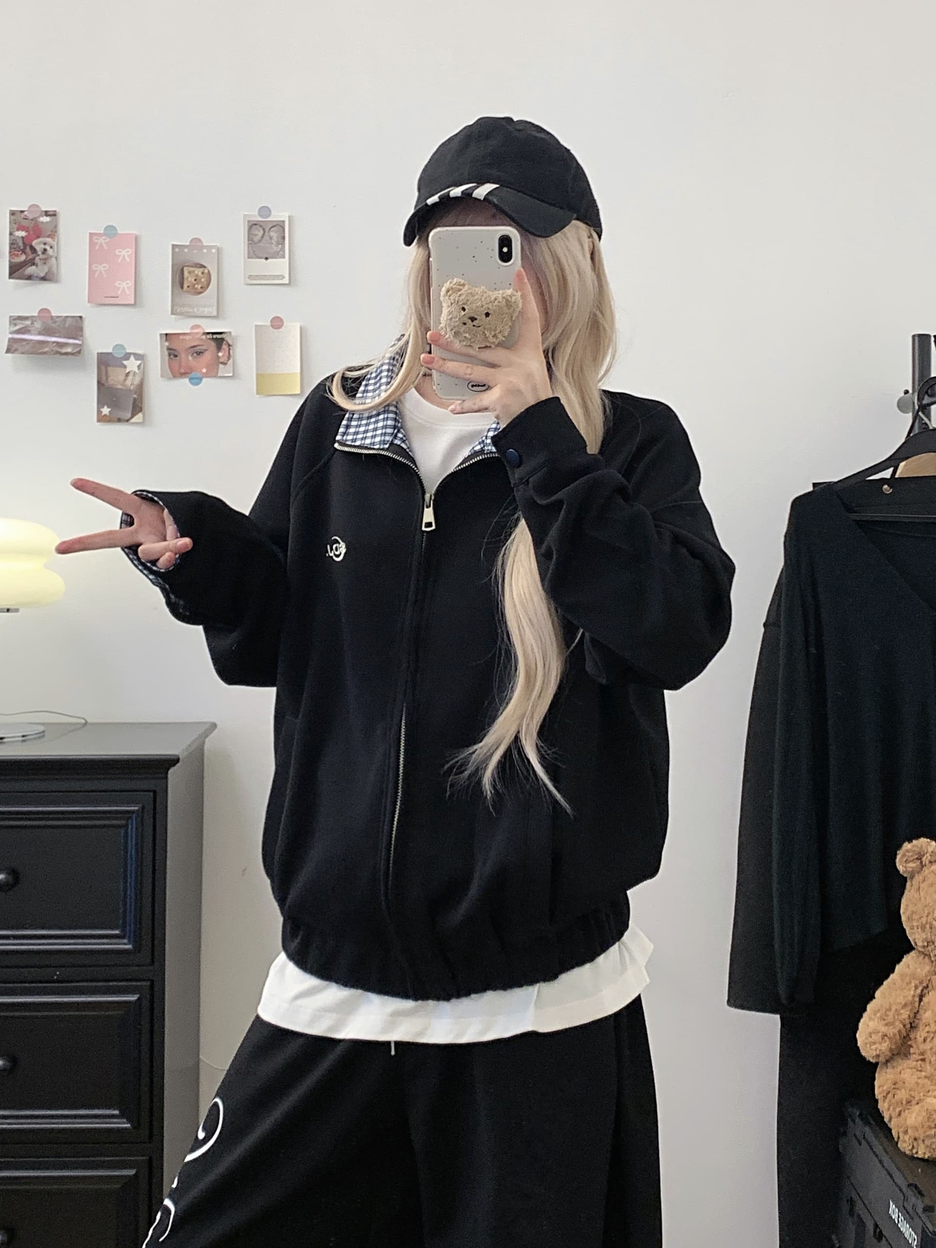 실사 아메리칸 체크무늬 POLO 칼라 배색 오픈 가디건 재킷 2026 새로운 커플 야구 유니폼 루즈핏 여성 코트 상세 이미지 26