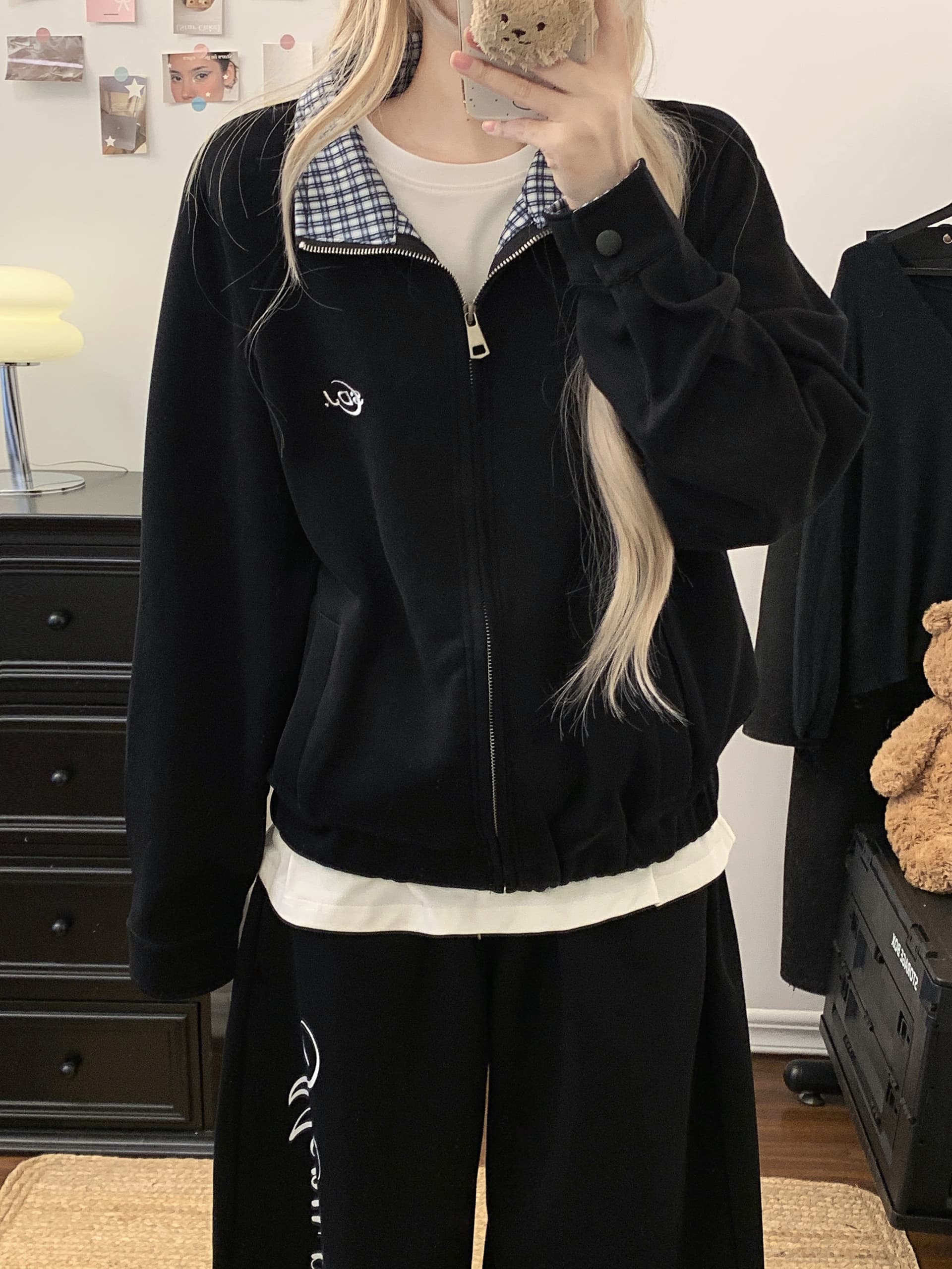 실사 아메리칸 체크무늬 POLO 칼라 배색 오픈 가디건 재킷 2026 새로운 커플 야구 유니폼 루즈핏 여성 코트 상세 이미지 29