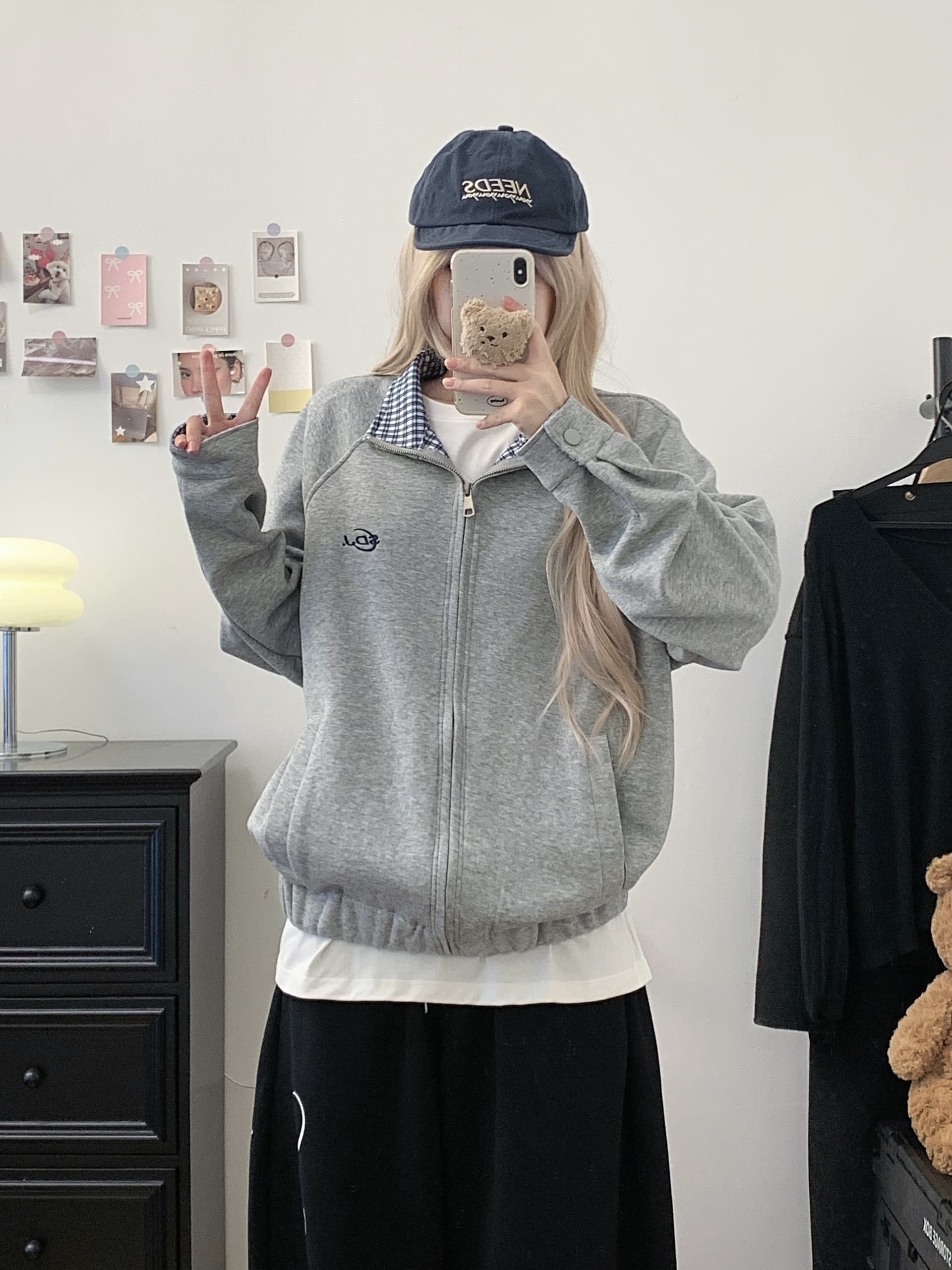 실사 아메리칸 체크무늬 POLO 칼라 배색 오픈 가디건 재킷 2026 새로운 커플 야구 유니폼 루즈핏 여성 코트 상세 이미지 30