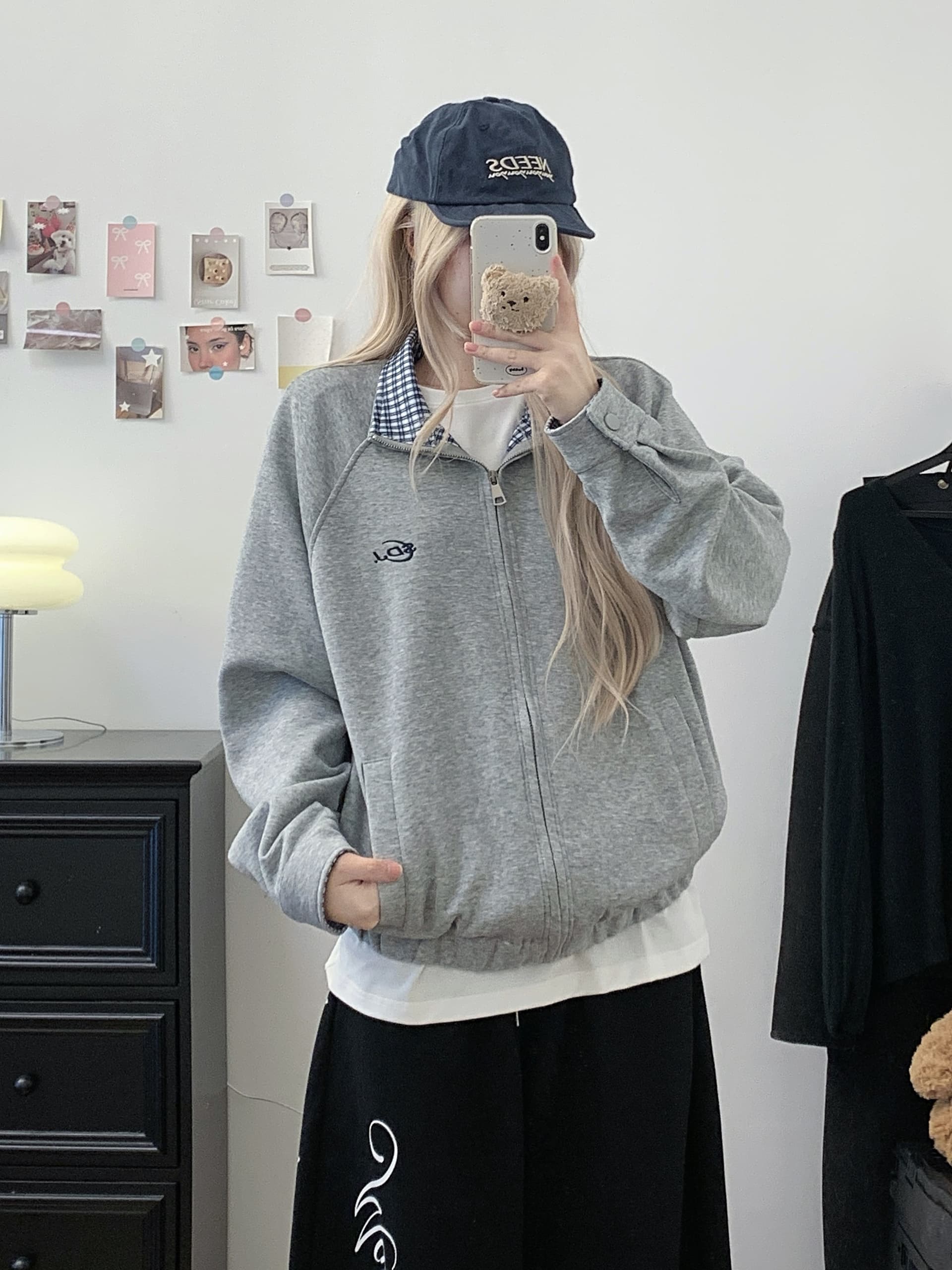 실사 아메리칸 체크무늬 POLO 칼라 배색 오픈 가디건 재킷 2026 새로운 커플 야구 유니폼 루즈핏 여성 코트 상세 이미지 31