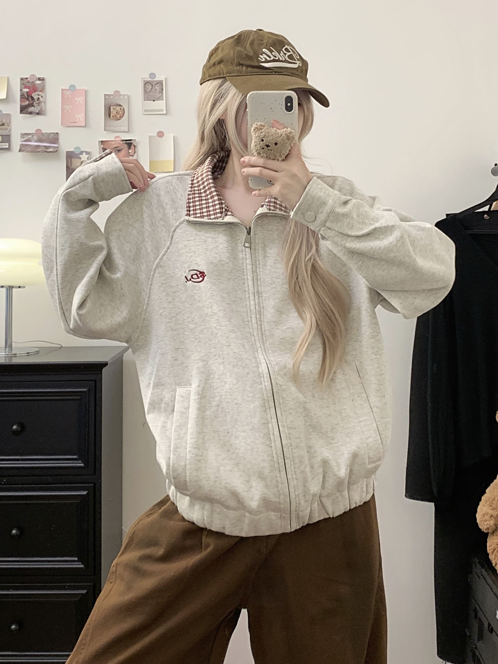 실사 아메리칸 체크무늬 POLO 칼라 배색 오픈 가디건 재킷 2026 새로운 커플 야구 유니폼 루즈핏 여성 코트 이미지 2