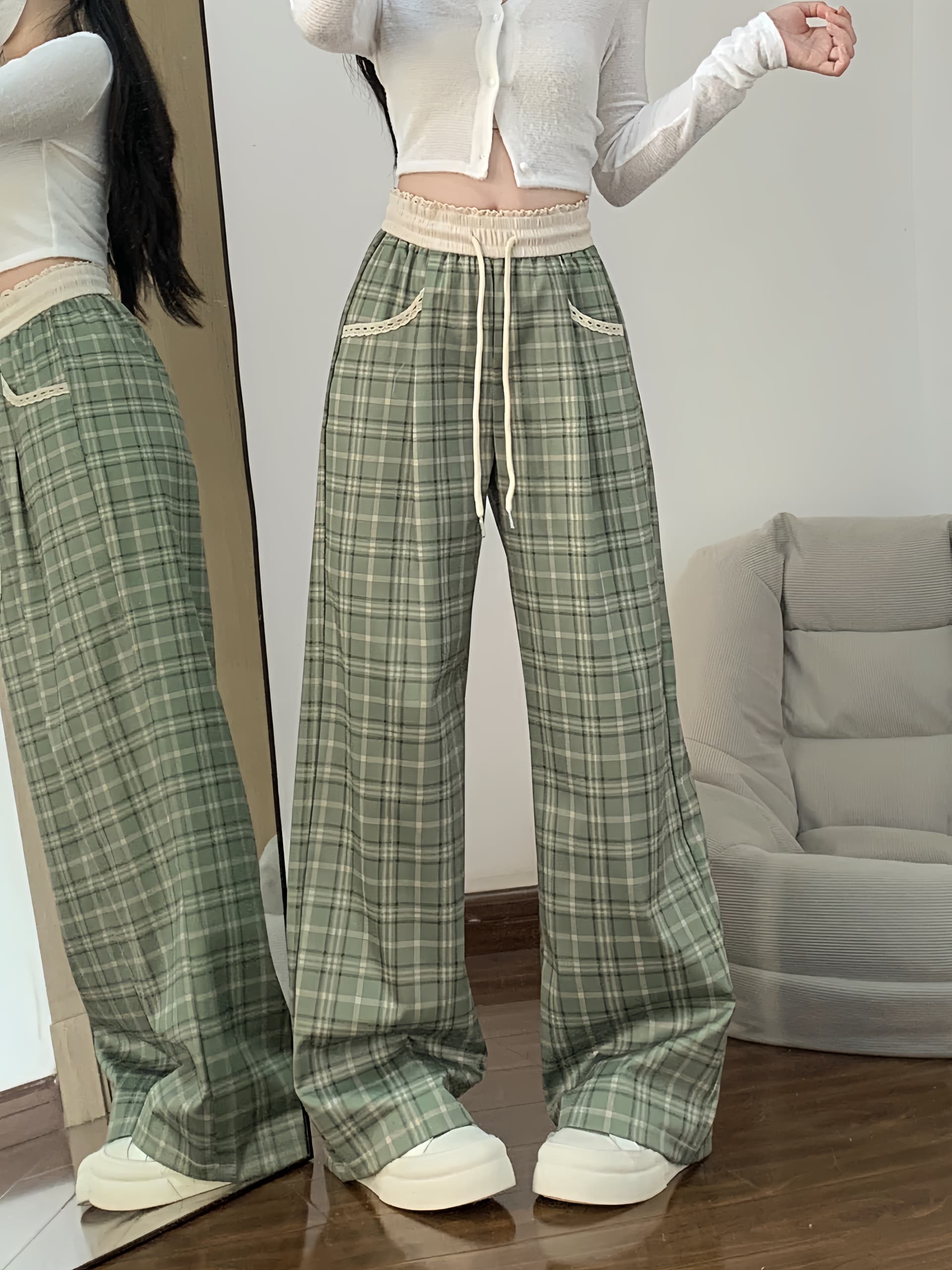 실사 녹색 체크무늬 도루 센스 캐주얼 바지 여성 봄 가을 새로운 한국 스타일 레이스 레이스 루즈핏 느긋한 와이드 레그 팬츠 상세 이미지 10