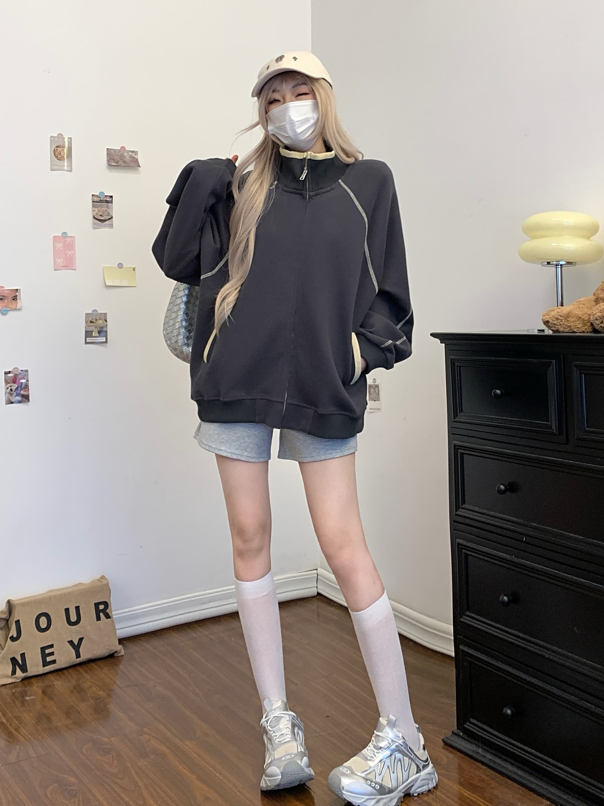 실사 아메리칸 레트로 핫셀블라드 선 오픈 가디건 여성 코트 가을 새로운 운동 루즈핏 스탠드 칼라 후드티 맨위 트렌디 이미지 2