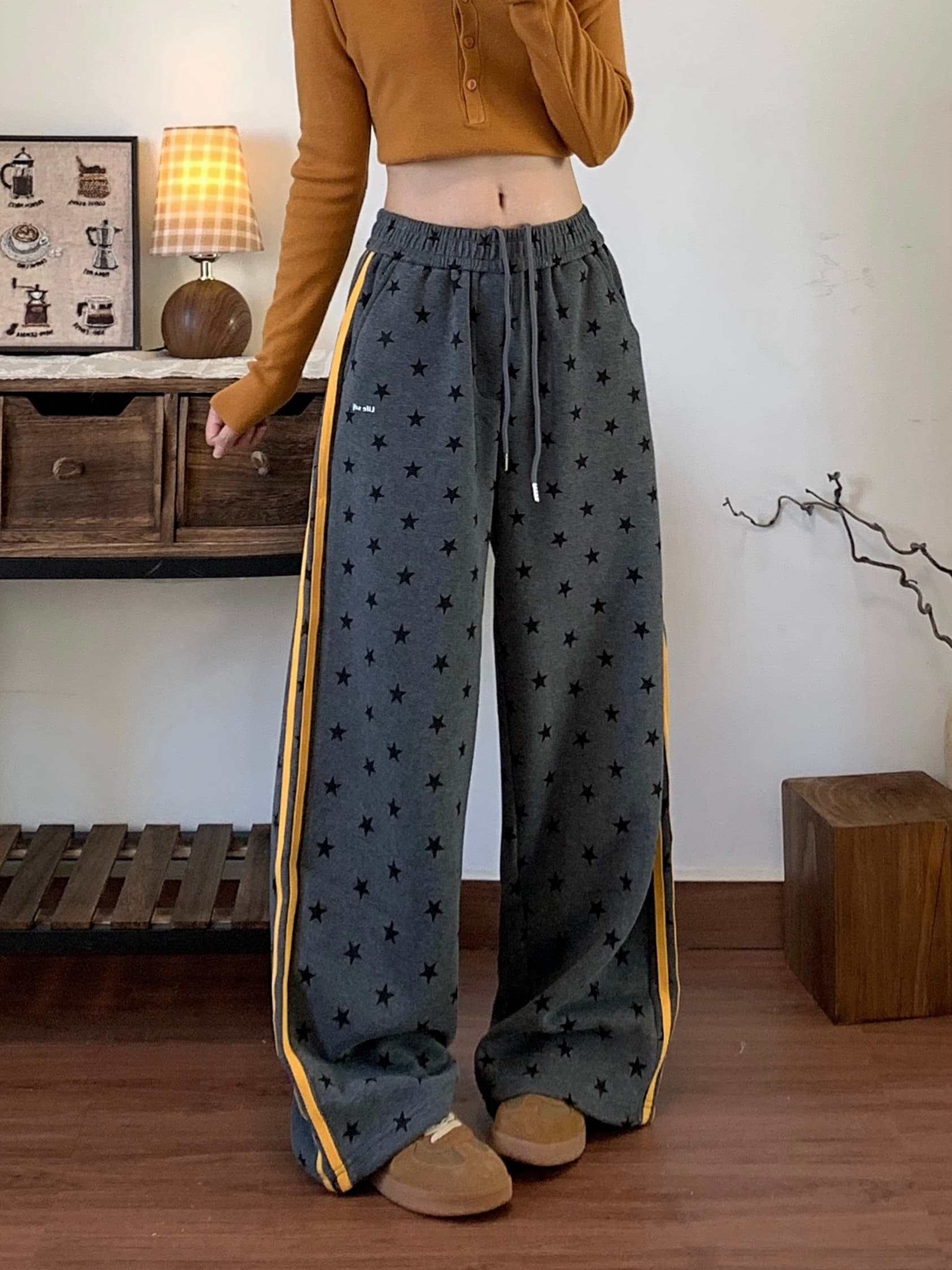 실사 아메리칸 레트로 별 배색 회색 캐주얼 바지 여성 2026 커플 섹션 웨이 바지 루즈핏 스트레이트 긴 바지 상세 이미지 18