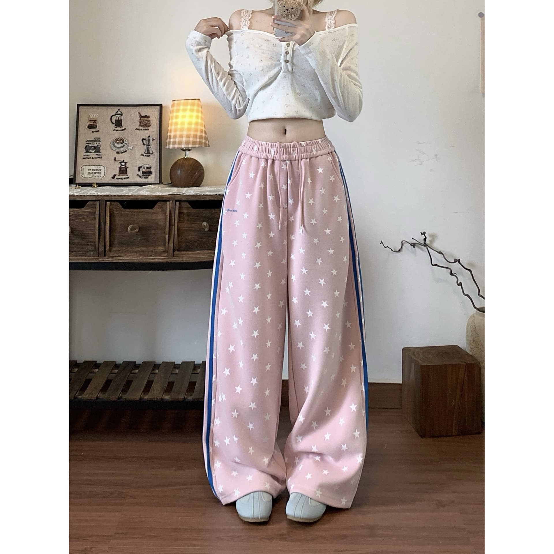 실사 아메리칸 레트로 별 배색 회색 캐주얼 바지 여성 2026 커플 섹션 웨이 바지 루즈핏 스트레이트 긴 바지 이미지 5