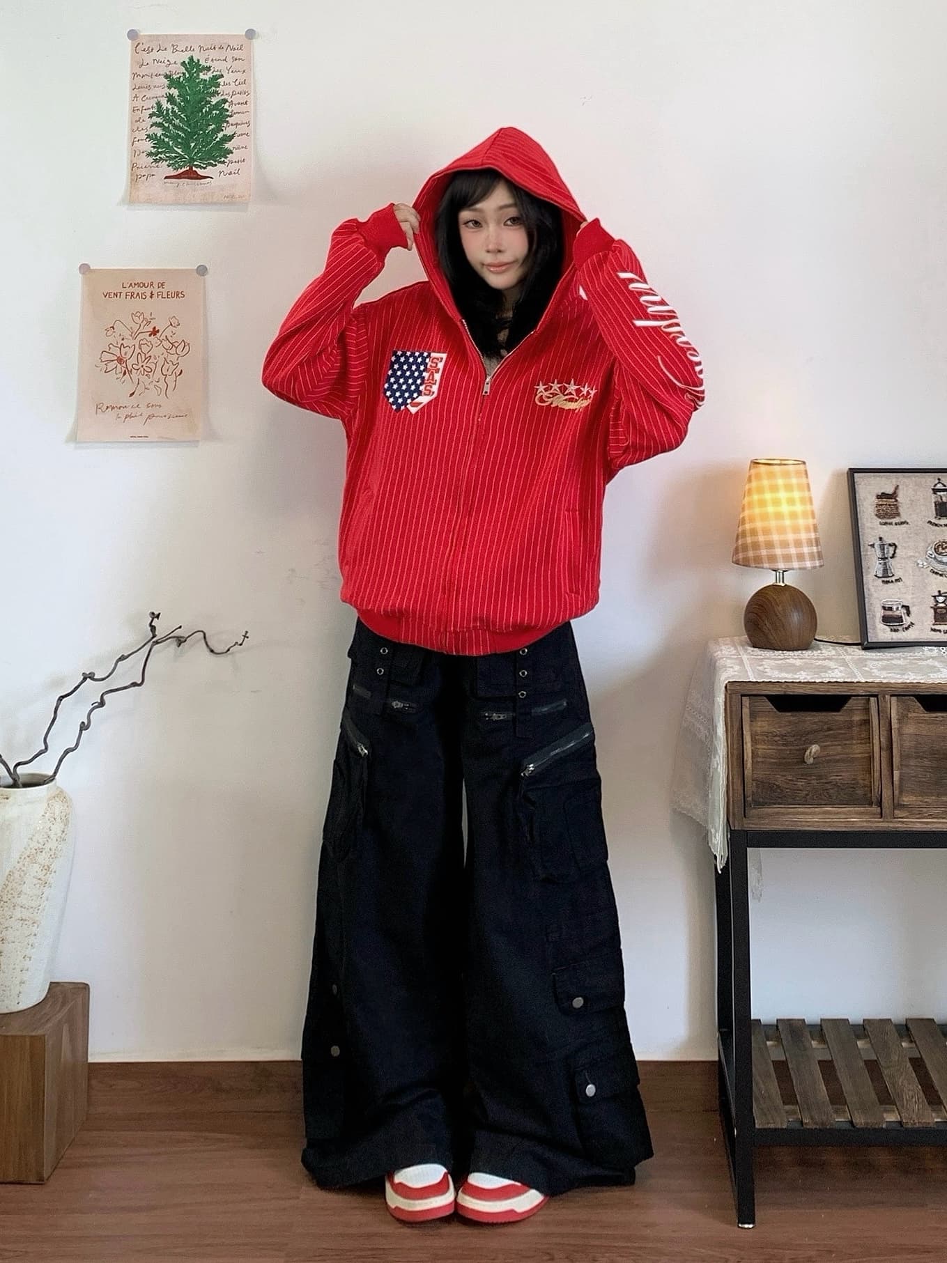 실사 아메리칸 레트로 스트라이프 알파벳 후드 티 스웨터 지퍼 오픈 가디건 루즈핏 캐주얼 남녀 가을 새로운 재킷 상세 이미지 11
