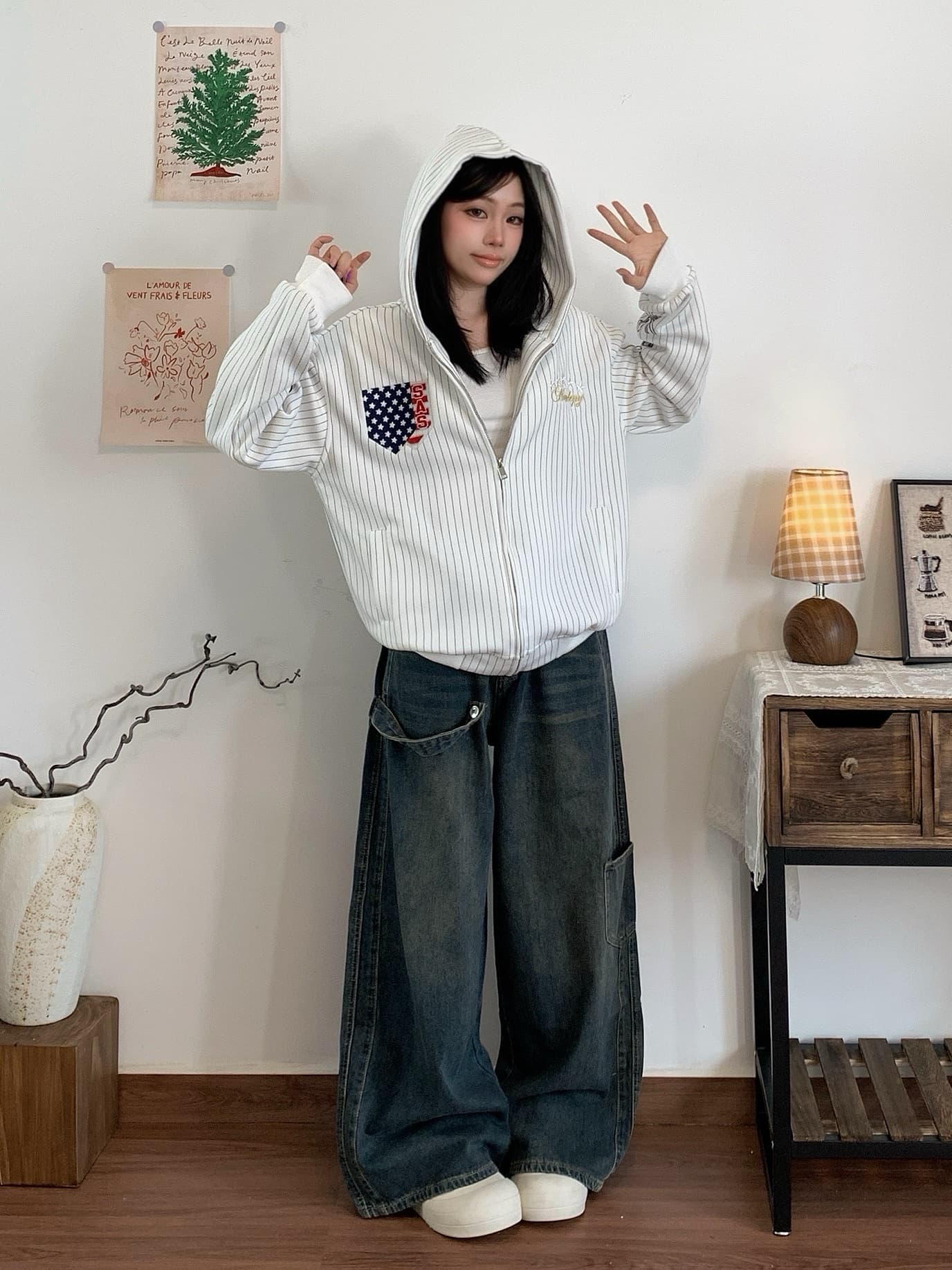 실사 아메리칸 레트로 스트라이프 알파벳 후드 티 스웨터 지퍼 오픈 가디건 루즈핏 캐주얼 남녀 가을 새로운 재킷 상세 이미지 18