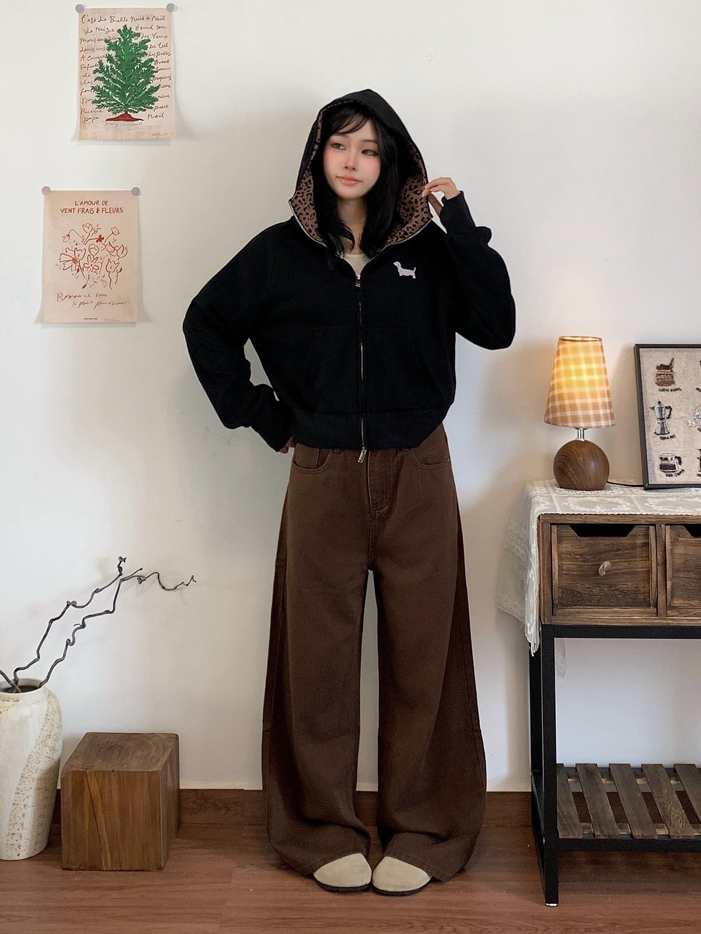 실사 배색 레오파드 무늬 오픈 가디건 후드 티 스웨터 가을 새로운 느슨함 센스 쇼트 스타일 모자 셔츠 재킷 상세 이미지 26