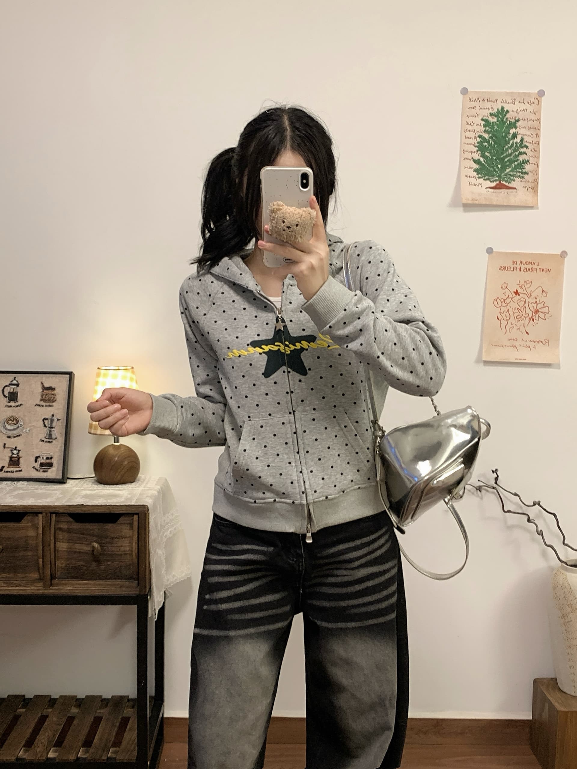 실사 아메리칸 레트로 도트 무늬 오픈 가디건 후드 티 스웨터 2026 가을 새로운 트렌드 프린트 쇼트 스타일 여성 코트 상세 이미지 32