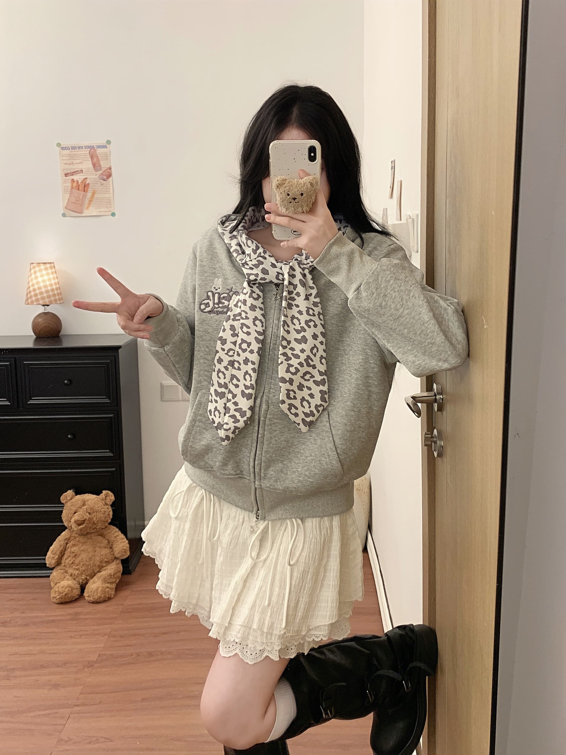 실사 레오파드 무늬 레이스업 하우스 멩 후드 짧은 여성 코트 가을 디자인 센스 맨위 상세 이미지 1