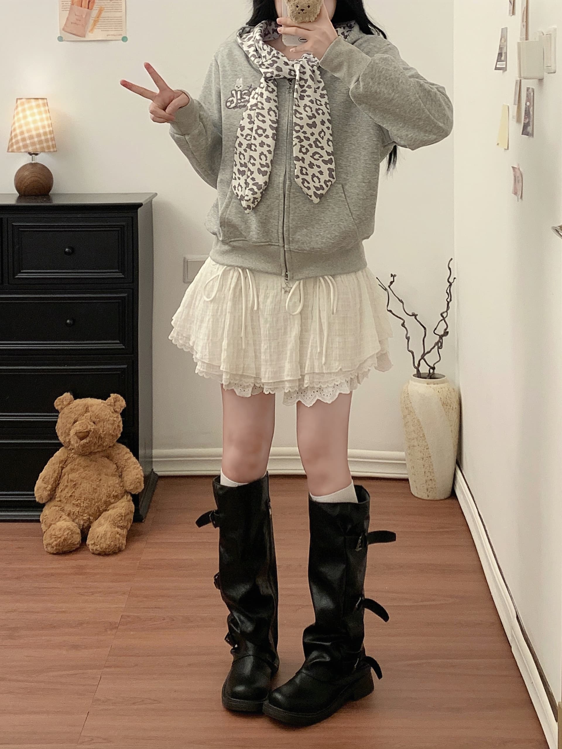실사 레오파드 무늬 레이스업 하우스 멩 후드 짧은 여성 코트 가을 디자인 센스 맨위 상세 이미지 4