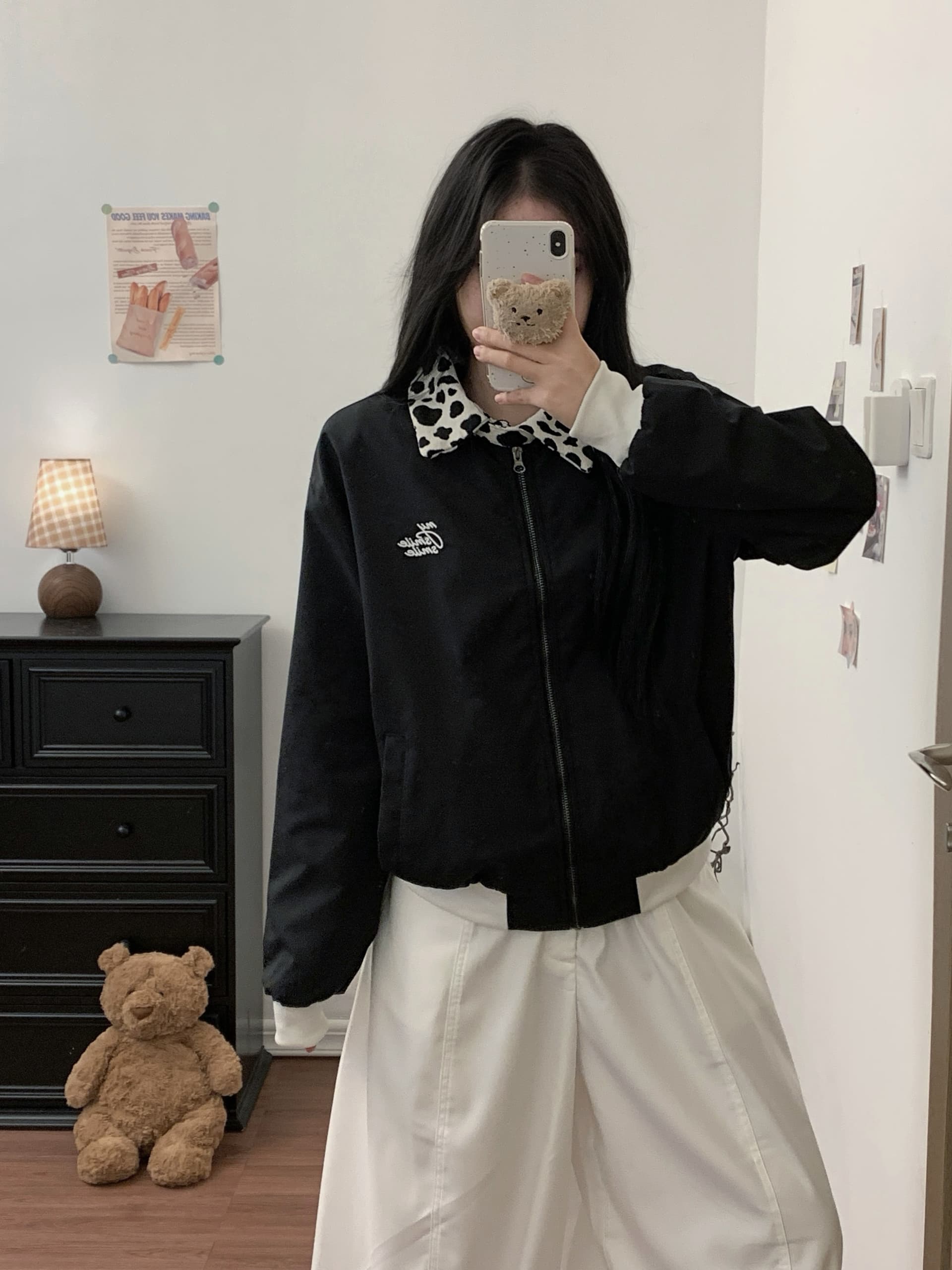 실사 암소 곡물 폴로 칼라 패치워크 재킷 국방 튀는 물 루즈핏 자수 배색 캐주얼 재킷