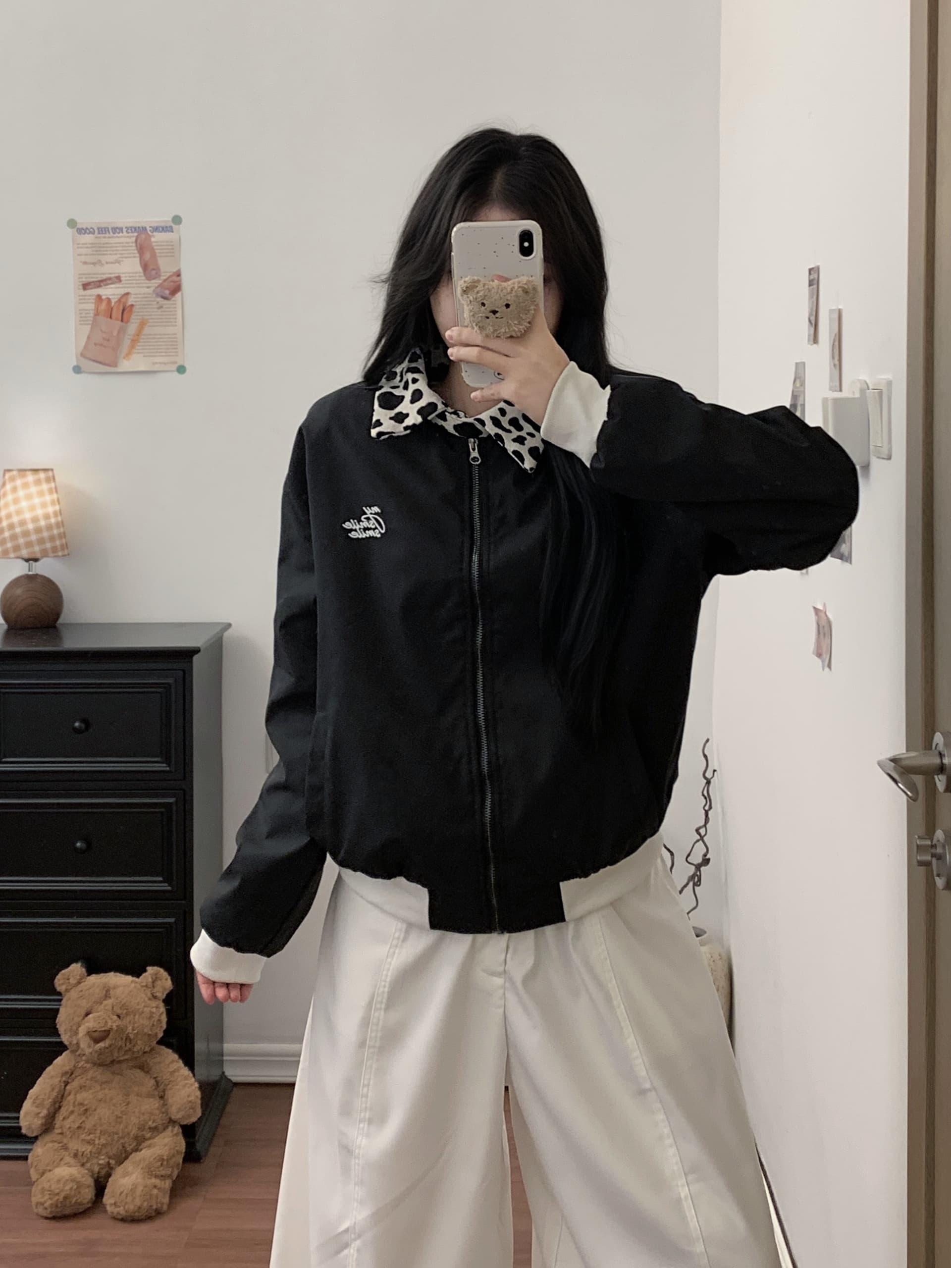 실사 암소 곡물 폴로 칼라 패치워크 재킷 국방 튀는 물 루즈핏 자수 배색 캐주얼 재킷 상세 이미지 3