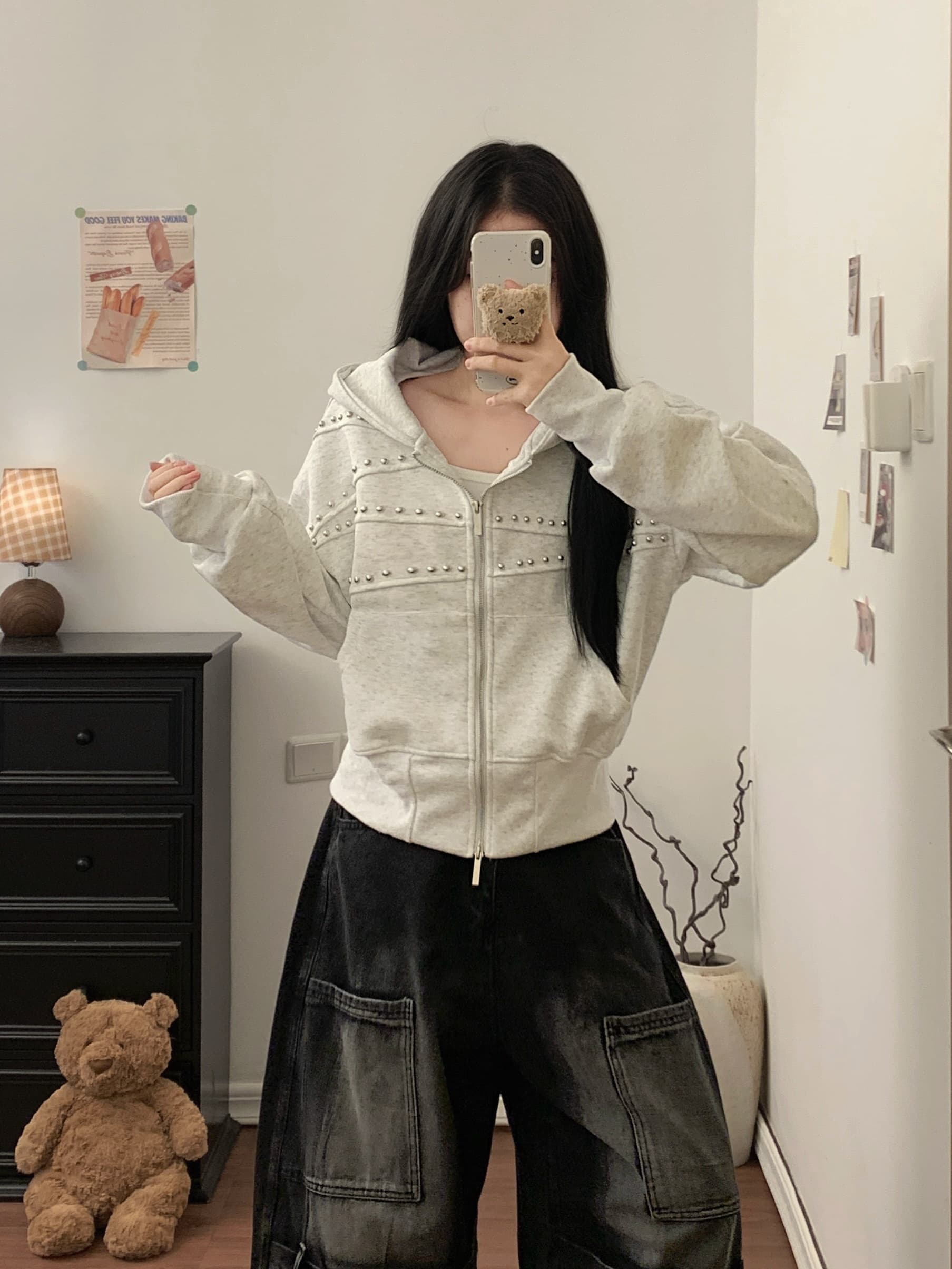 실사 아메리칸 레트로 마 오래된 징 허리 수축 후드 티 스웨터 여성 슬림해 보이는 다용도 더블 지퍼 헤드 카디건 코트 상세 이미지 4
