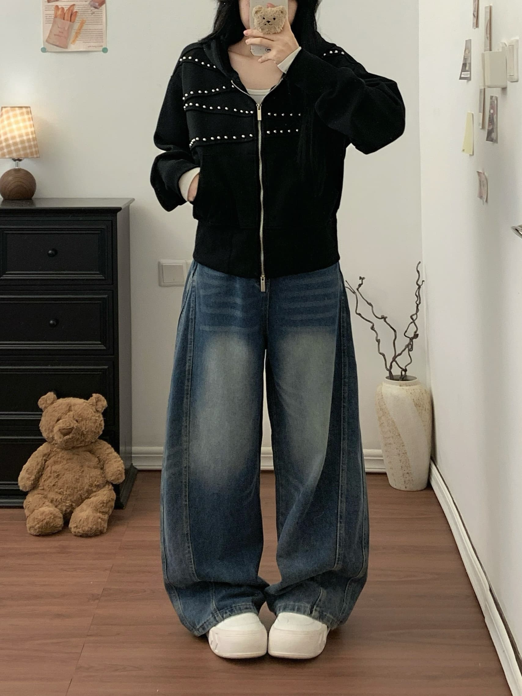 실사 아메리칸 레트로 마 오래된 징 허리 수축 후드 티 스웨터 여성 슬림해 보이는 다용도 더블 지퍼 헤드 카디건 코트 상세 이미지 19