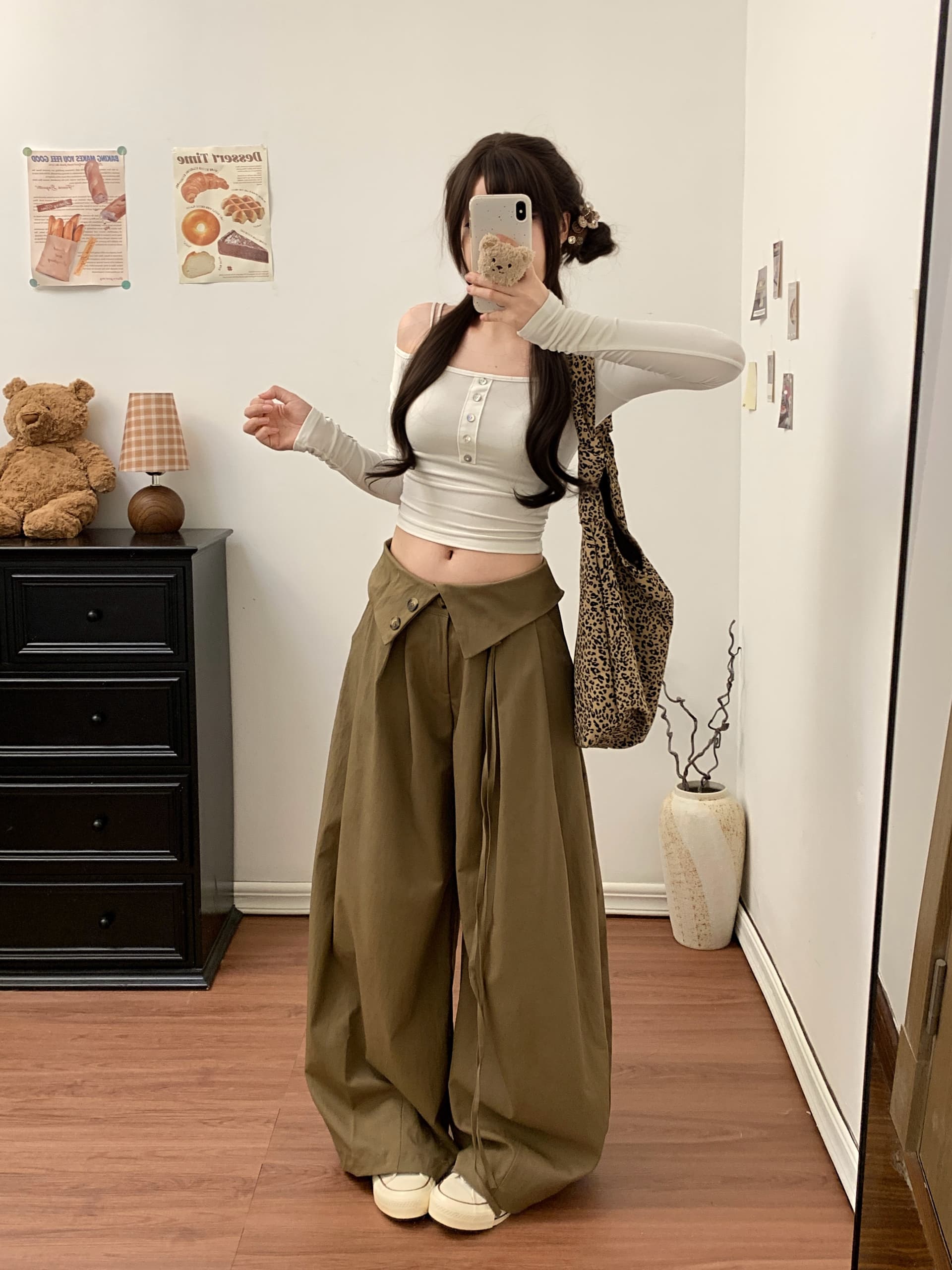 실사 디자인 센스 뒤집다 折腰 머리 와이드 레깅스 바지 가을 새로운 펌프 로프 레이스업 느긋한 도루 센스 캐주얼 야마모토 바지 상세 이미지 18