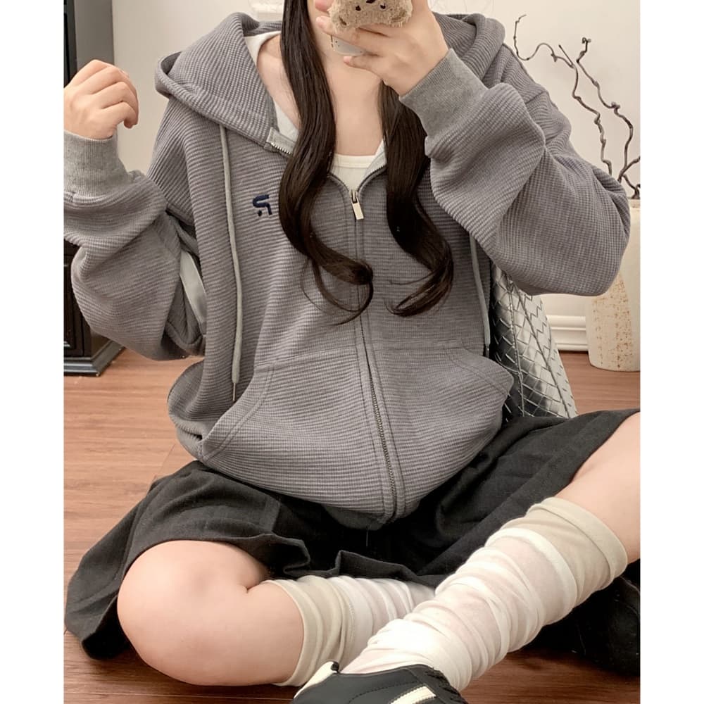 실사 후아 남편 그리드 후드 티 스웨터 여성 코트 가을 아메리칸 레트로 새로운 오픈 가디건 다용도 맨위 이미지 5