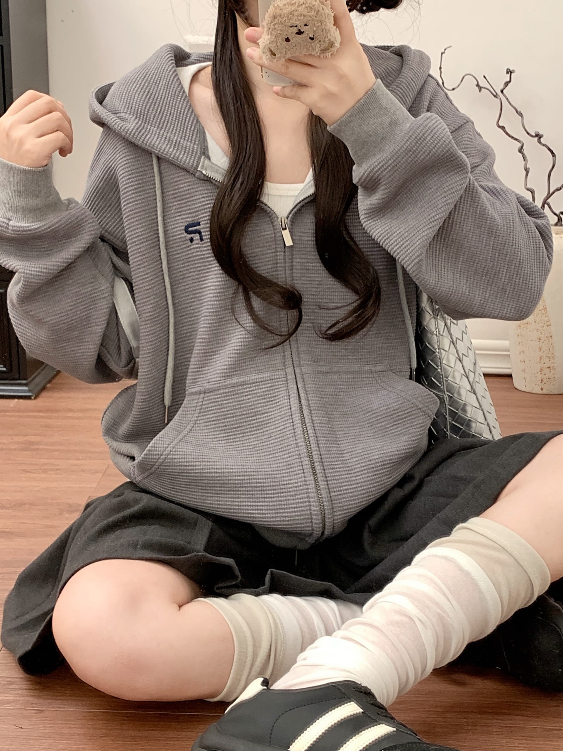 실사 후아 남편 그리드 후드 티 스웨터 여성 코트 가을 아메리칸 레트로 새로운 오픈 가디건 다용도 맨위 상세 이미지 12