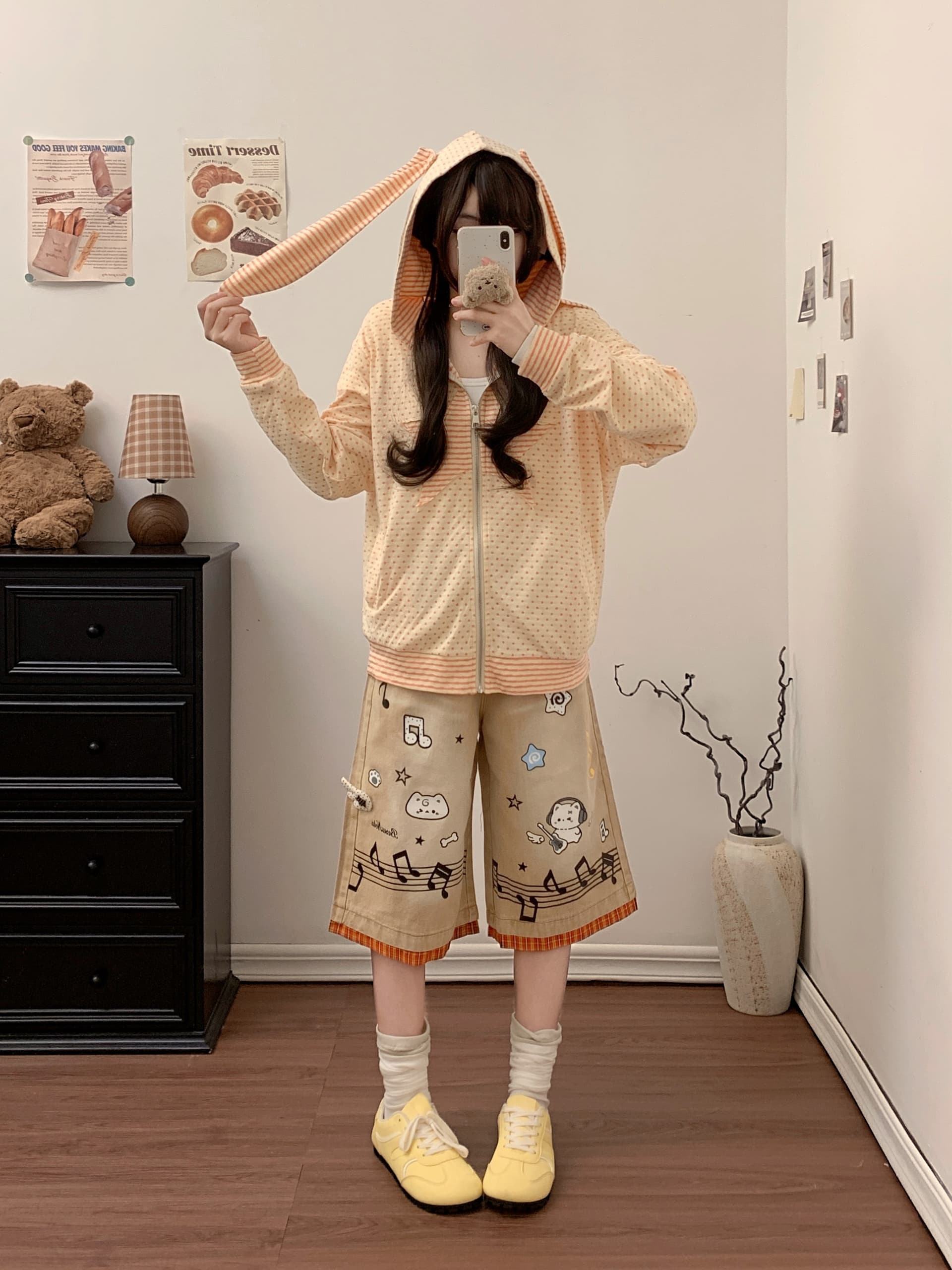 실사 도트 무늬 토끼 귀 후드 긴팔 여성 코트 가을 디자인 센스 맨위 상세 이미지 6
