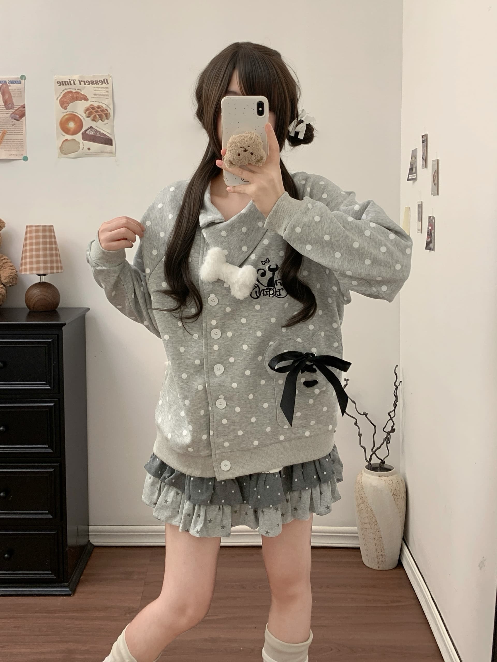 실사 달콤한 차가운 바람 도트 무늬 나비 매듭 오픈 가디건 후드티 여성 가을 느긋한 캐주얼 느슨함 센스 루즈핏 지퍼 재킷 이미지 3