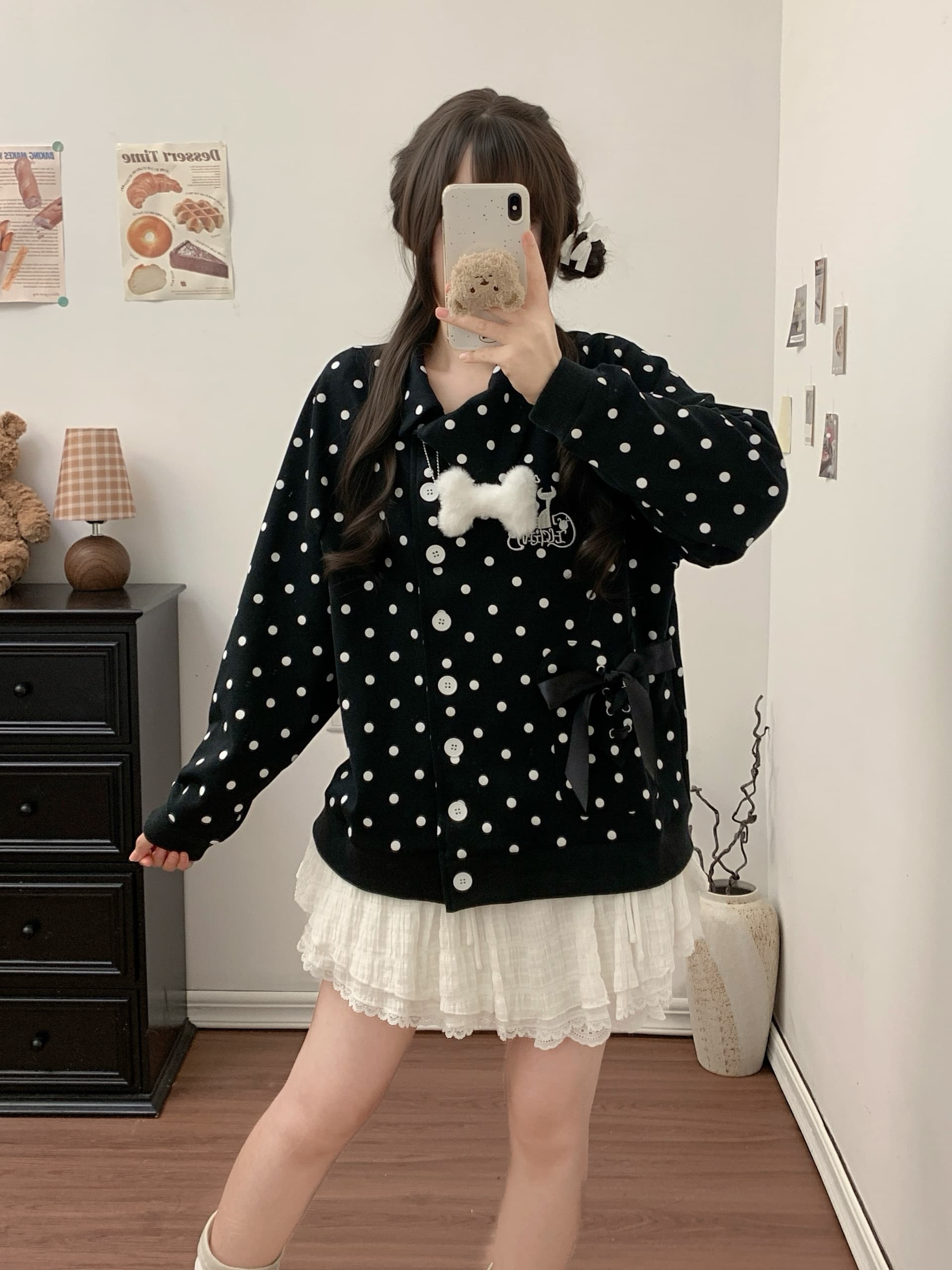 실사 달콤한 차가운 바람 도트 무늬 나비 매듭 오픈 가디건 후드티 여성 가을 느긋한 캐주얼 느슨함 센스 루즈핏 지퍼 재킷 상세 이미지 17