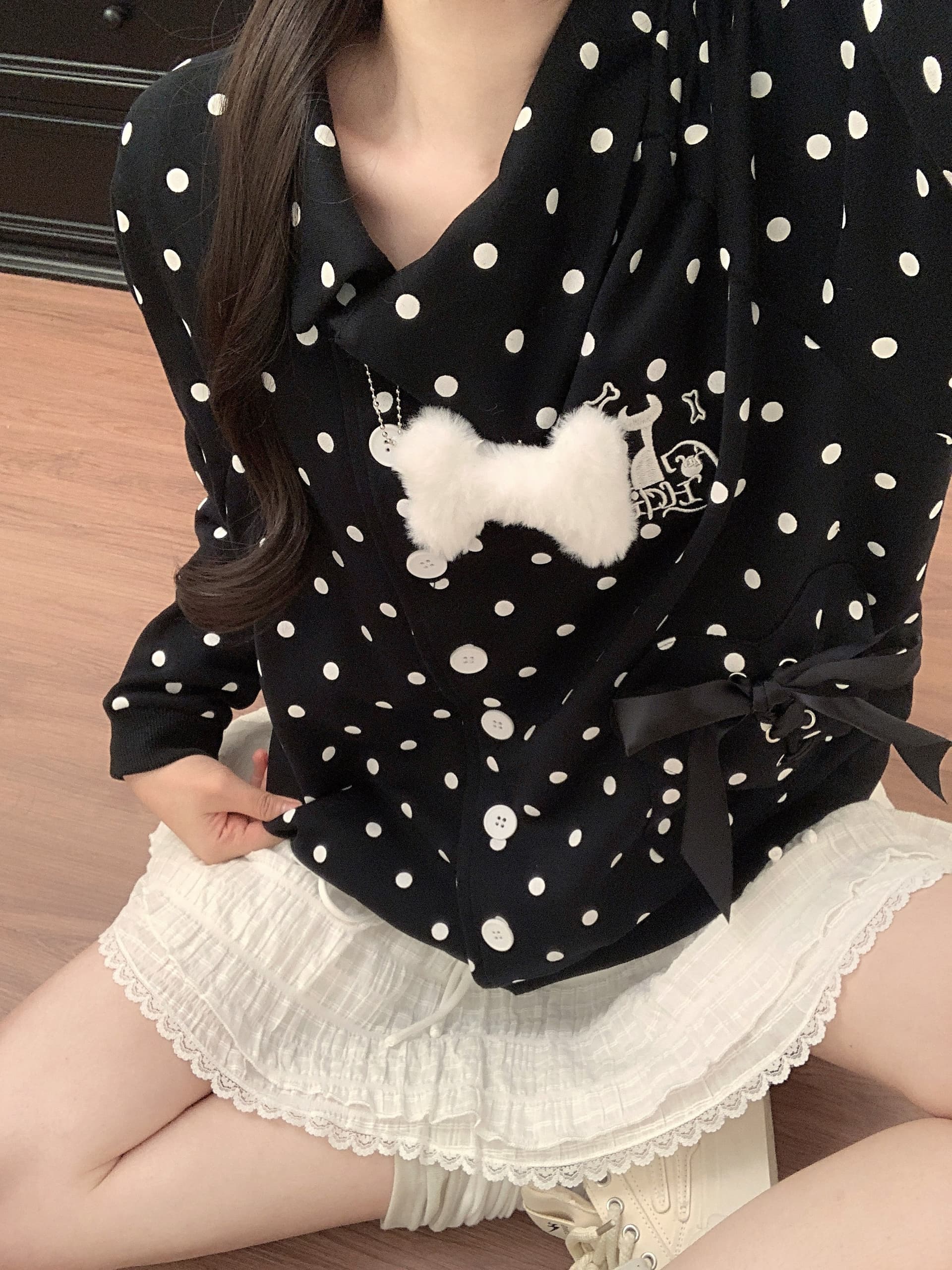 실사 달콤한 차가운 바람 도트 무늬 나비 매듭 오픈 가디건 후드티 여성 가을 느긋한 캐주얼 느슨함 센스 루즈핏 지퍼 재킷 상세 이미지 20