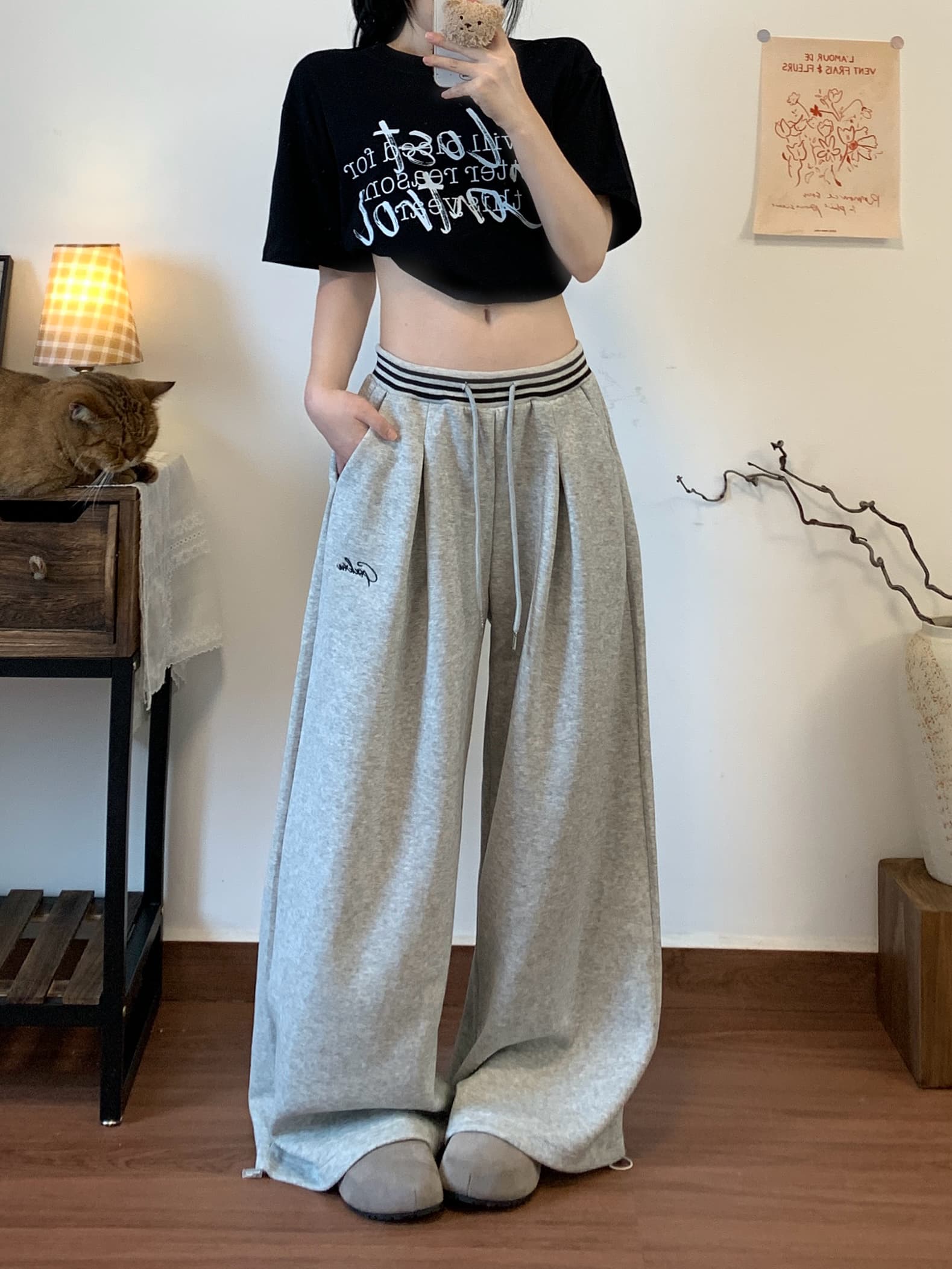실사 아메리칸 배색 스트라이프 패치워크 십자가 자수 모통이 칼 웨이 바지 남녀 재즈 댄스 와이드 레그 팬츠 상세 이미지 3