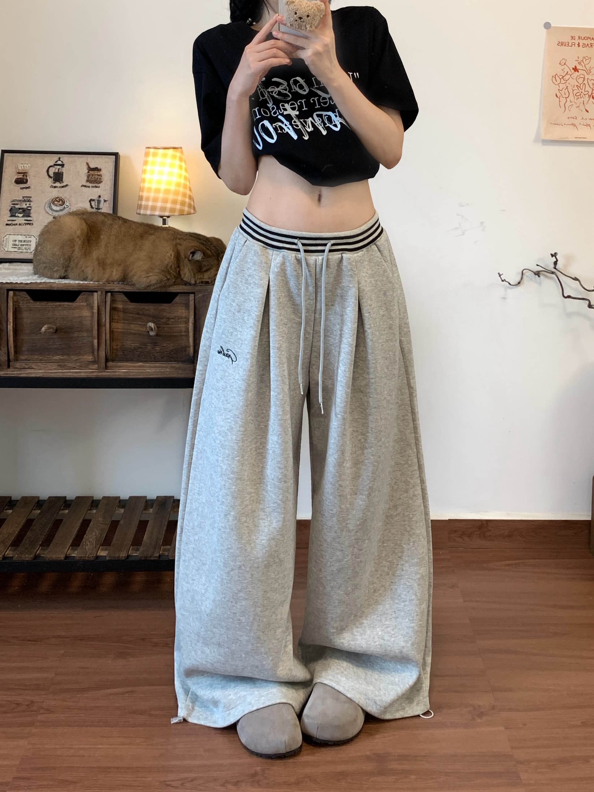 실사 아메리칸 배색 스트라이프 패치워크 십자가 자수 모통이 칼 웨이 바지 남녀 재즈 댄스 와이드 레그 팬츠 상세 이미지 9