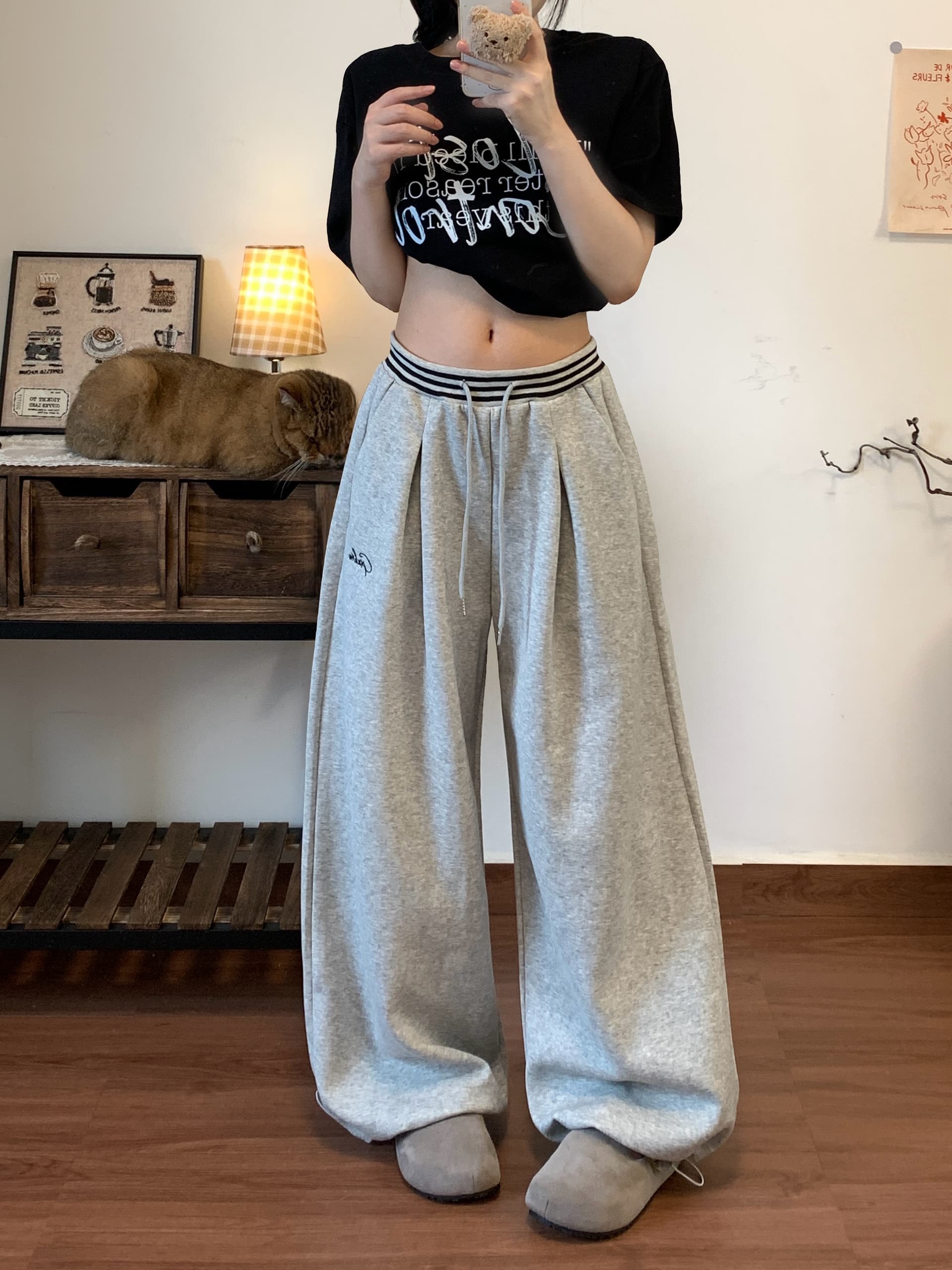 실사 아메리칸 배색 스트라이프 패치워크 십자가 자수 모통이 칼 웨이 바지 남녀 재즈 댄스 와이드 레그 팬츠 상세 이미지 10