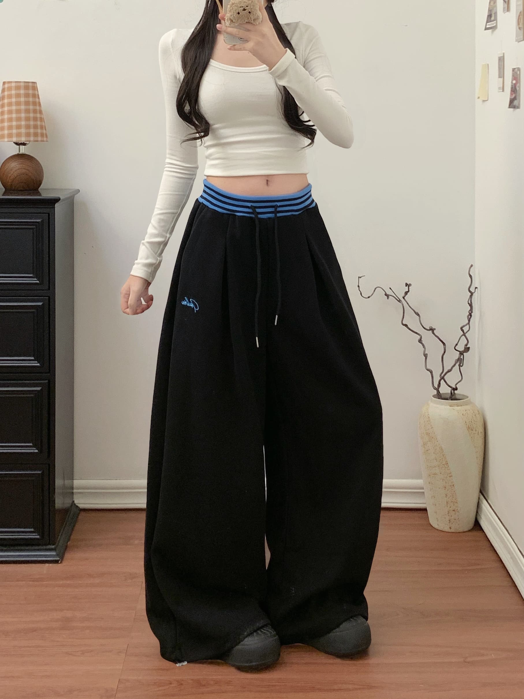 실사 아메리칸 배색 스트라이프 패치워크 십자가 자수 모통이 칼 웨이 바지 남녀 재즈 댄스 와이드 레그 팬츠 상세 이미지 16
