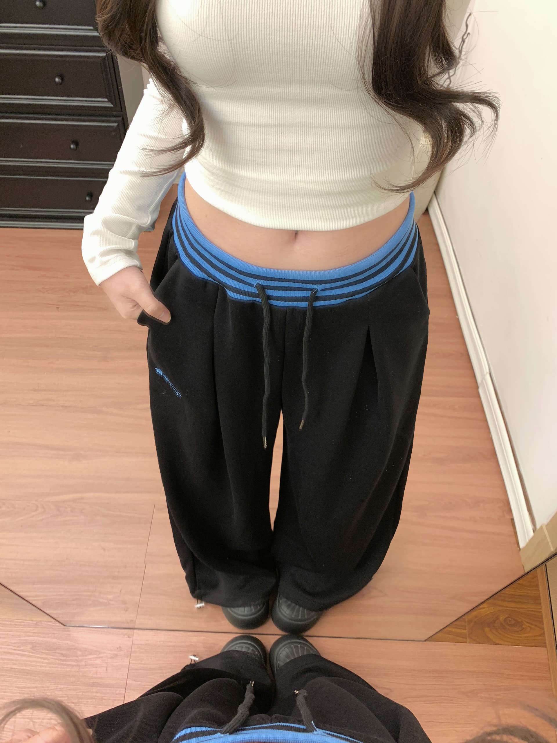 실사 아메리칸 배색 스트라이프 패치워크 십자가 자수 모통이 칼 웨이 바지 남녀 재즈 댄스 와이드 레그 팬츠 상세 이미지 21