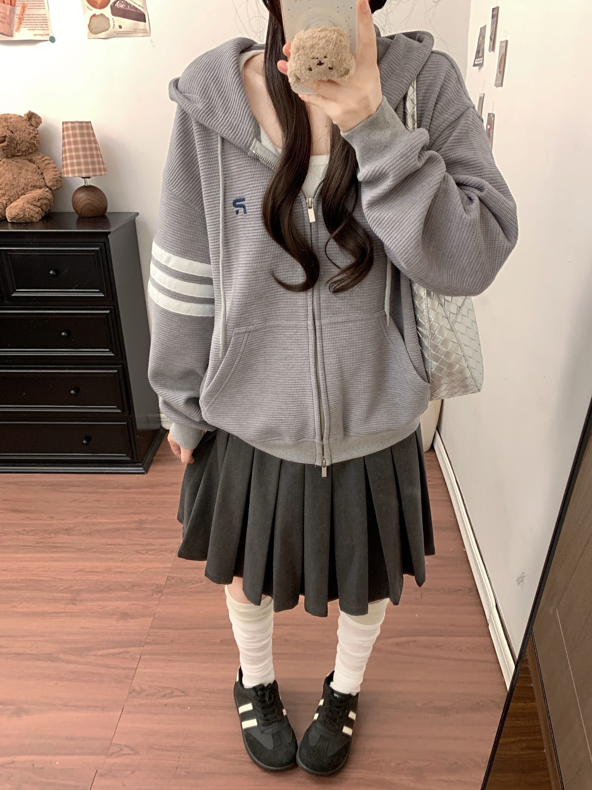 실사 복합 두꺼운 후아 남편 그리드 후드 티 스웨터 여성 코트 가을 아메리칸 레트로 새로운 오픈 가디건 다용도 맨위 이미지 5
