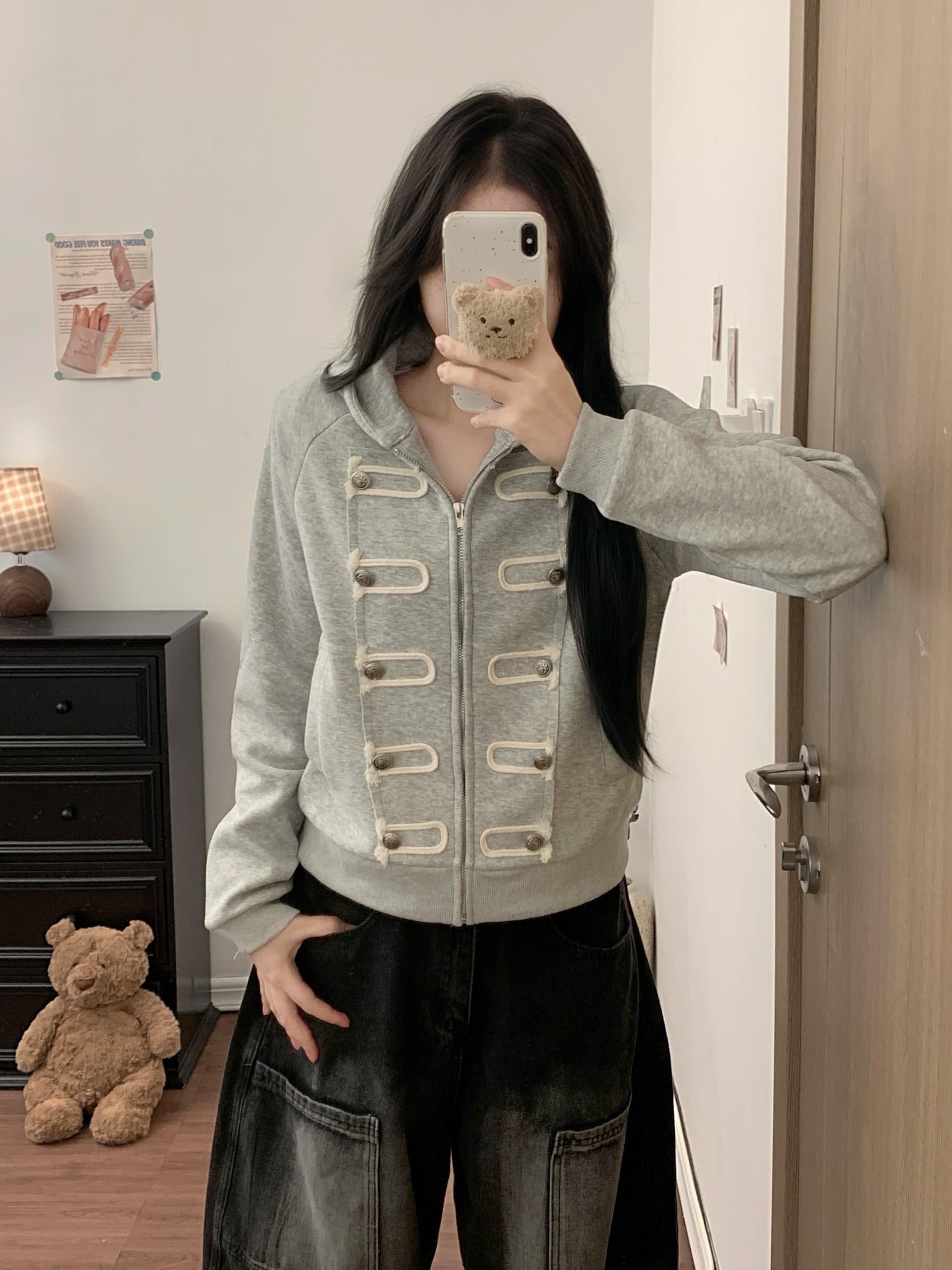 실사 한 부서 후드티 이중 버튼 후드 여성 코트 이른 가을 새로운 나폴레옹 바람 작은 대중 쇼트 스타일 오픈 가디건 이미지 3