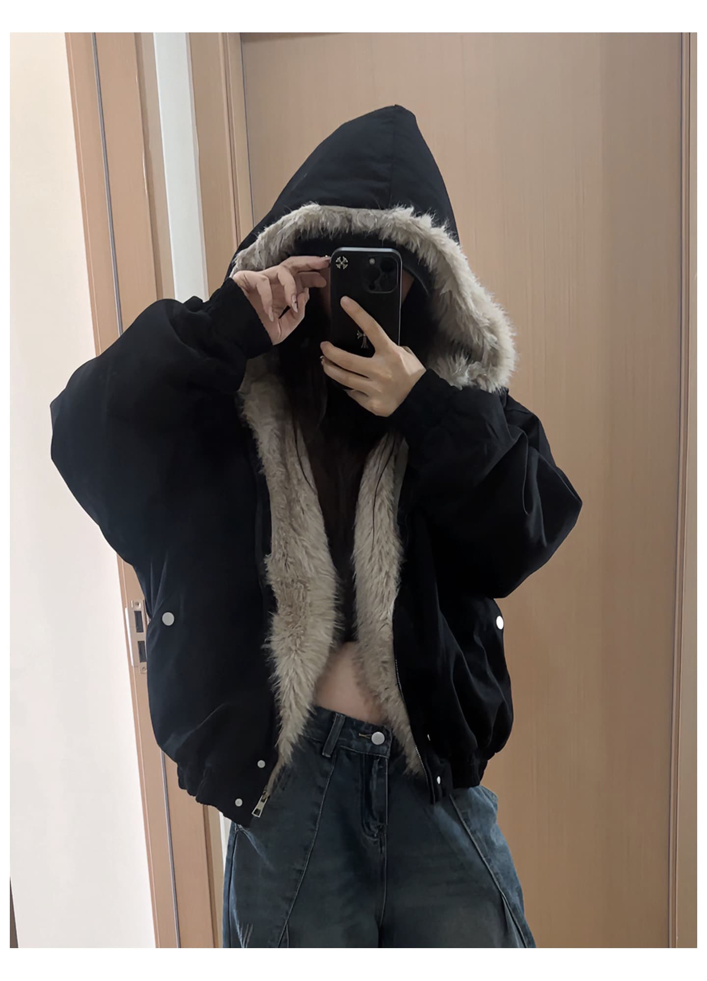 좌 산 조각 플리스 후드 면 의류 남녀 겨울 아메리칸 디자인 센스 두꺼운 면 옷 상세 이미지 41