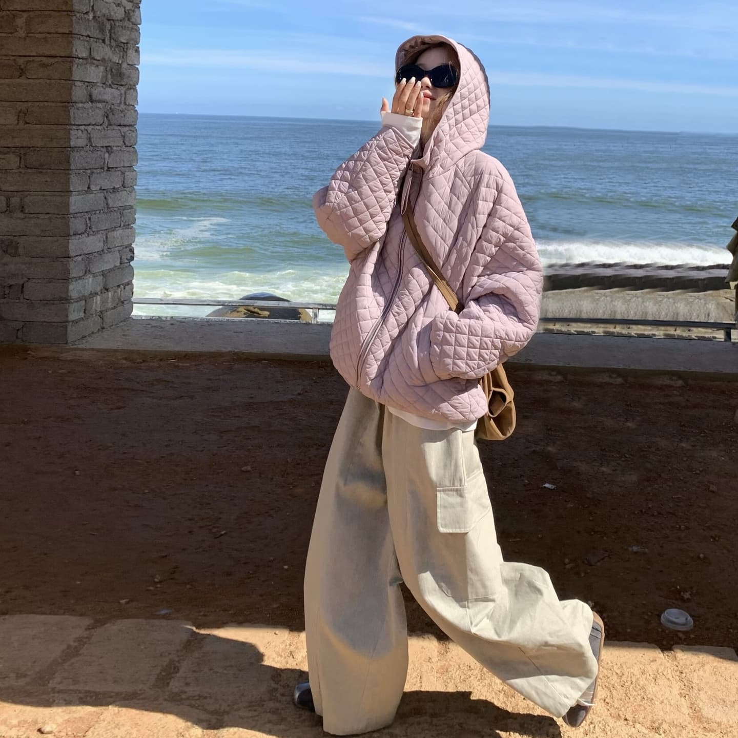 장 베이 베이 얇고 가벼운 버블 푸 링 그리드 후드 면 의류 루즈핏 슬림해 보이는 보온 한 부서 ins 바람 학생 면 옷 재킷 이미지 5