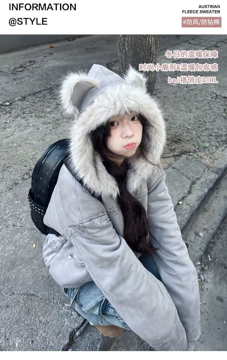 좌 산 조각 고양이 귀 머리 칼라 후드 면 의류 여성 겨울 새로운 아메리칸 쇼트 스타일 스웨이드 플리스 두꺼운 재킷 커플 상세 이미지 2