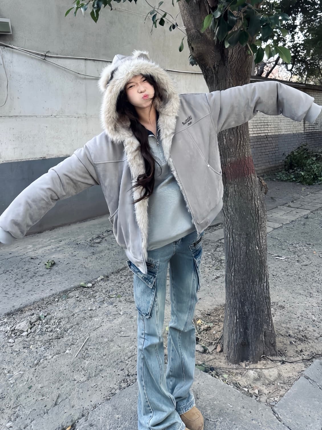 좌 산 조각 고양이 귀 머리 칼라 후드 면 의류 여성 겨울 새로운 아메리칸 쇼트 스타일 스웨이드 플리스 두꺼운 재킷 커플 상세 이미지 3