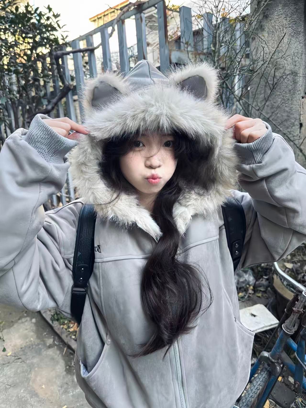 좌 산 조각 고양이 귀 머리 칼라 후드 면 의류 여성 겨울 새로운 아메리칸 쇼트 스타일 스웨이드 플리스 두꺼운 재킷 커플 상세 이미지 5