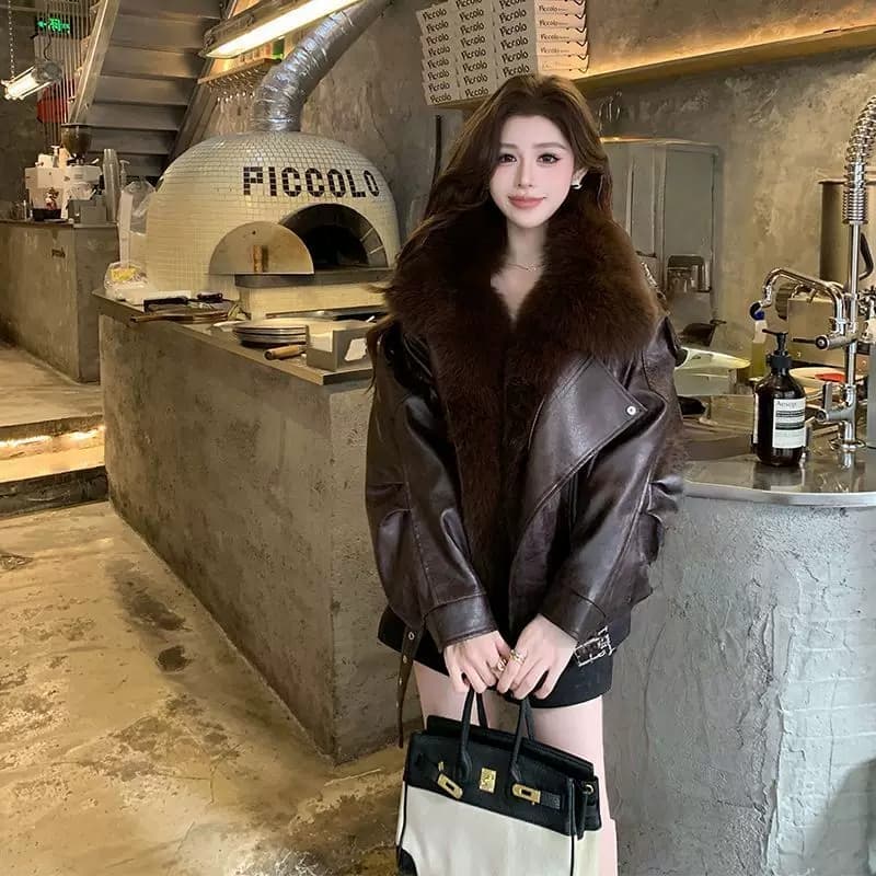 가을 겨울 고급 센스 검정색 pu 가죽 자켓 캐주얼 레트로 디자인 센스 다용도 섹션 폴로 칼라 큰 모피 칼라 가죽 재킷