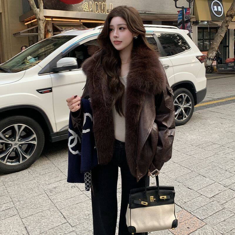 가을 겨울 고급 센스 검정색 pu 가죽 자켓 캐주얼 레트로 디자인 센스 다용도 섹션 폴로 칼라 큰 모피 칼라 가죽 재킷 상세 이미지 9